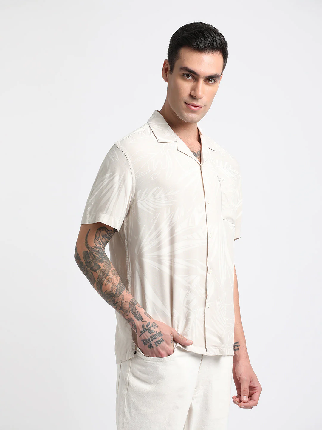Men Beige Printed Regular Fit Viscose Casual Shirt - Image 3