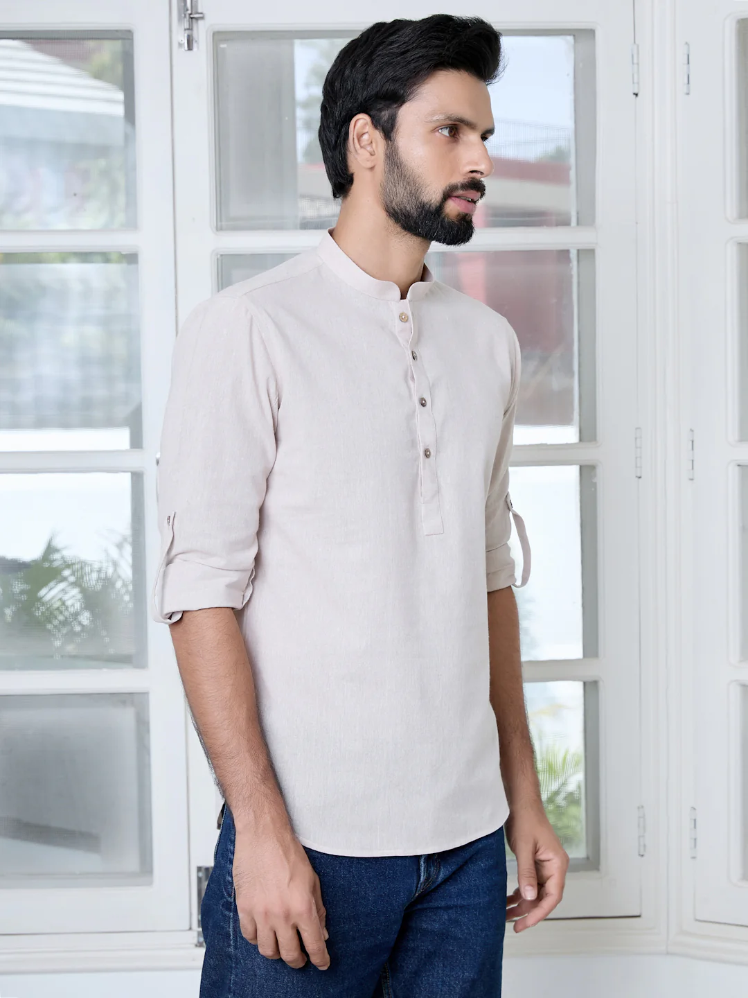 Men Beige Pure Cotton Short Kurta - Image 2