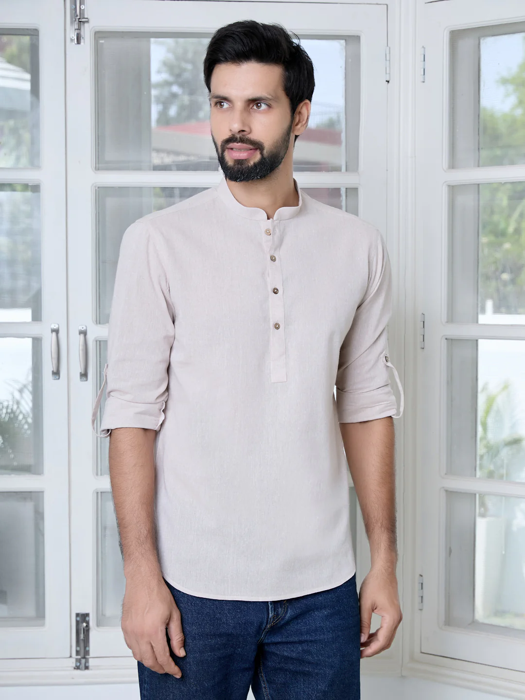Men Beige Pure Cotton Short Kurta - Image 4
