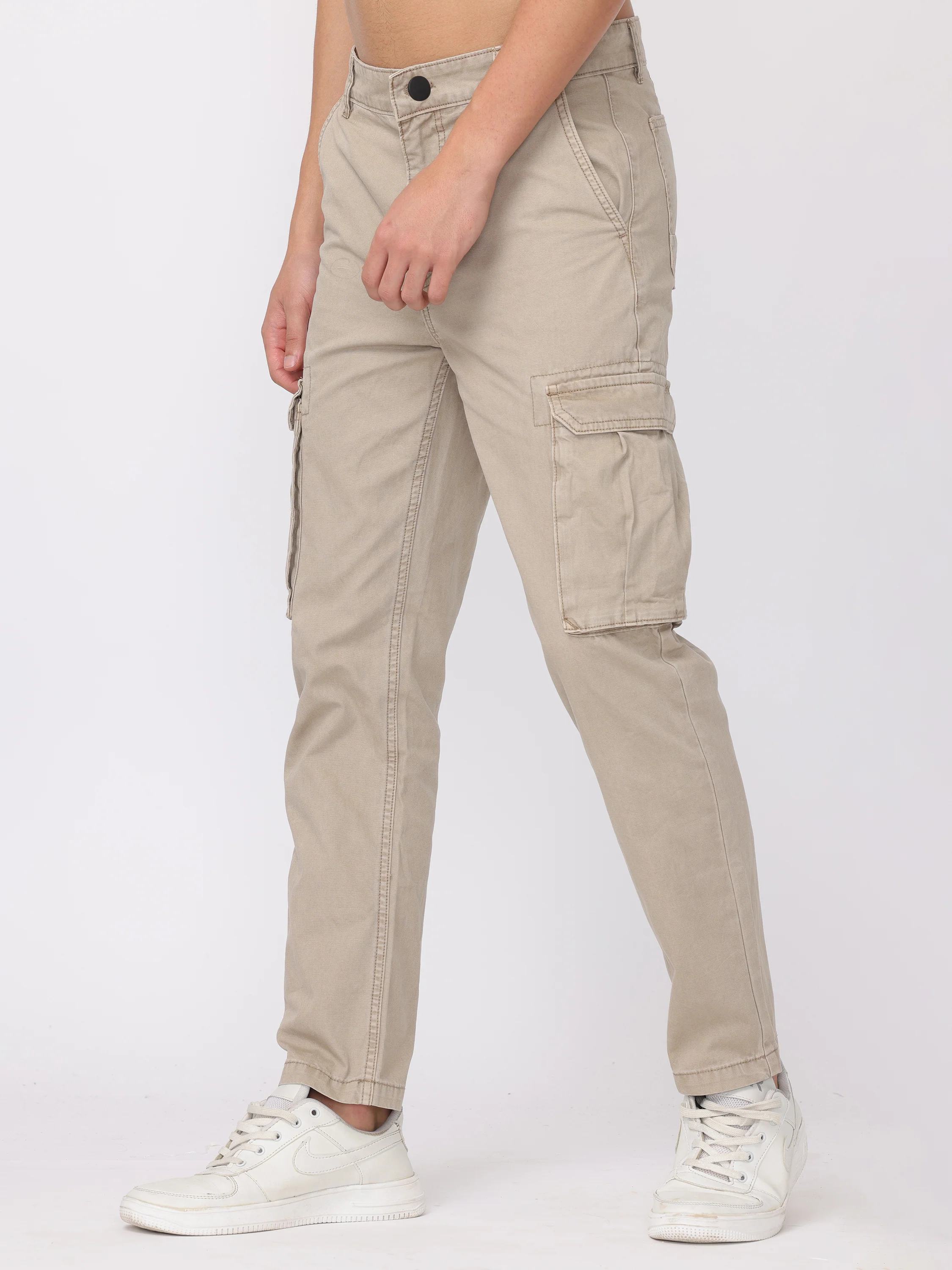 Men Beige Regular Fit Cargo Pants - Image 3