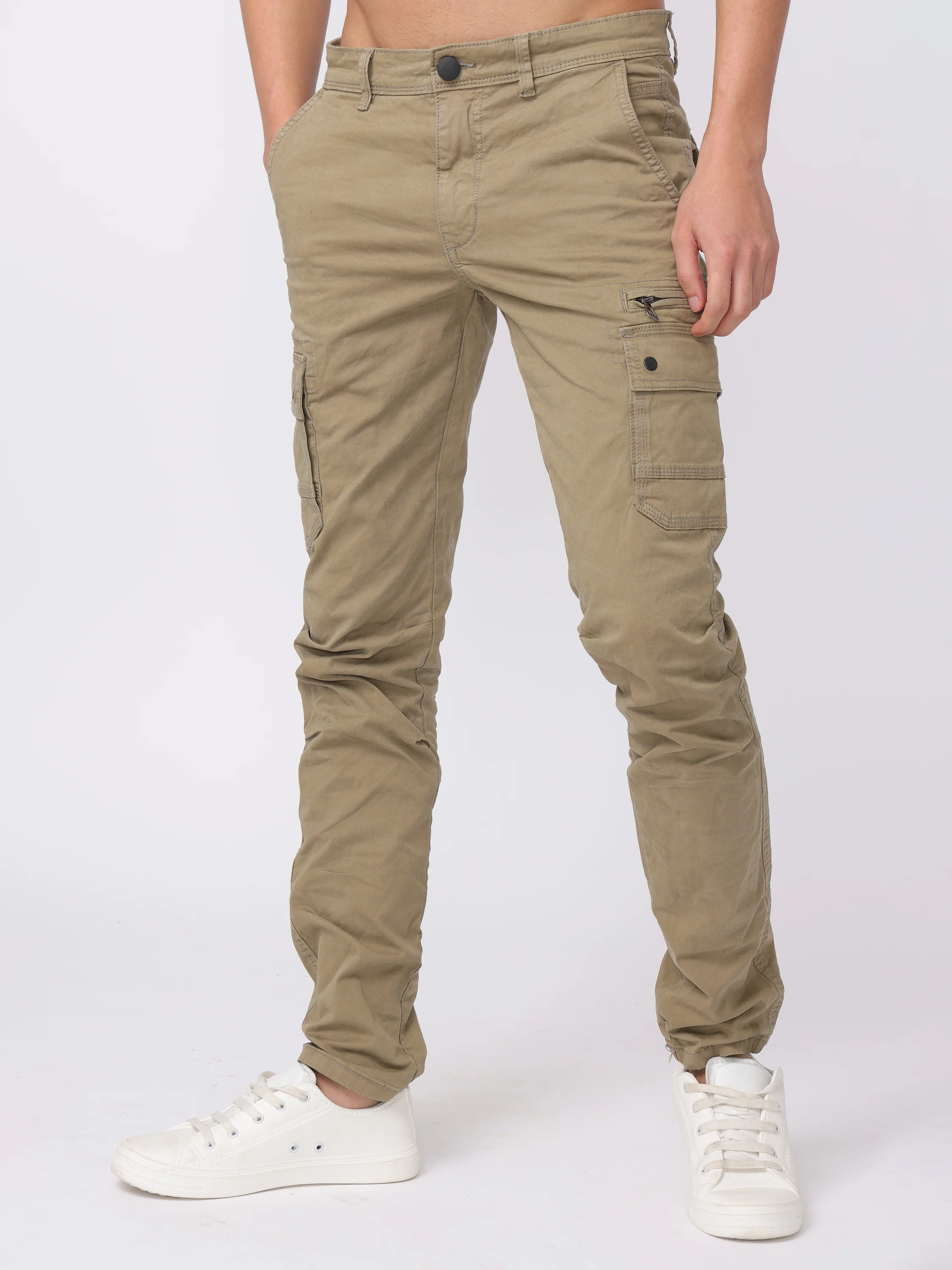 Men Beige Regular Fit Cargo Pants - Image 3
