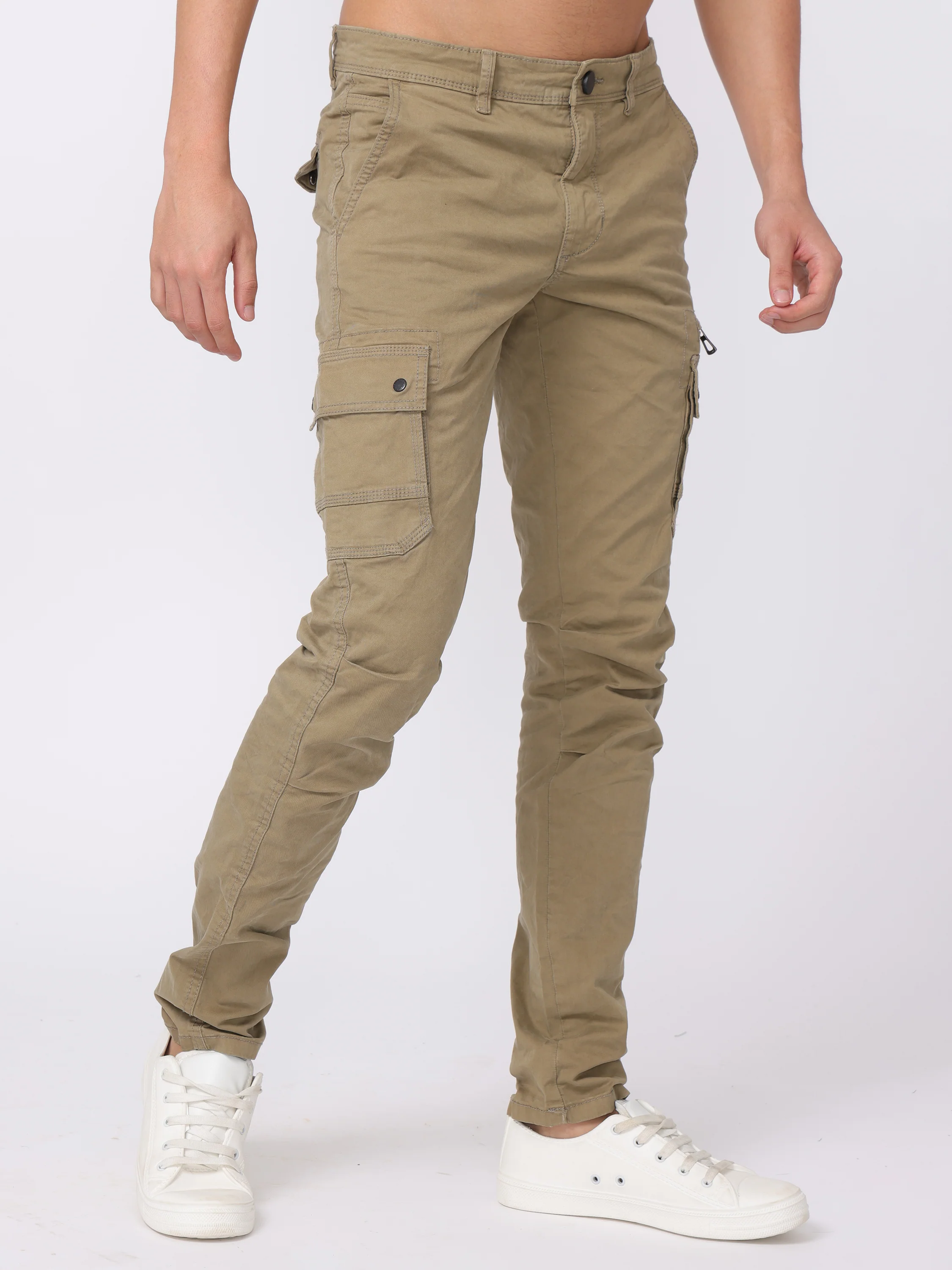 Men Beige Regular Fit Cargo Pants - Image 6