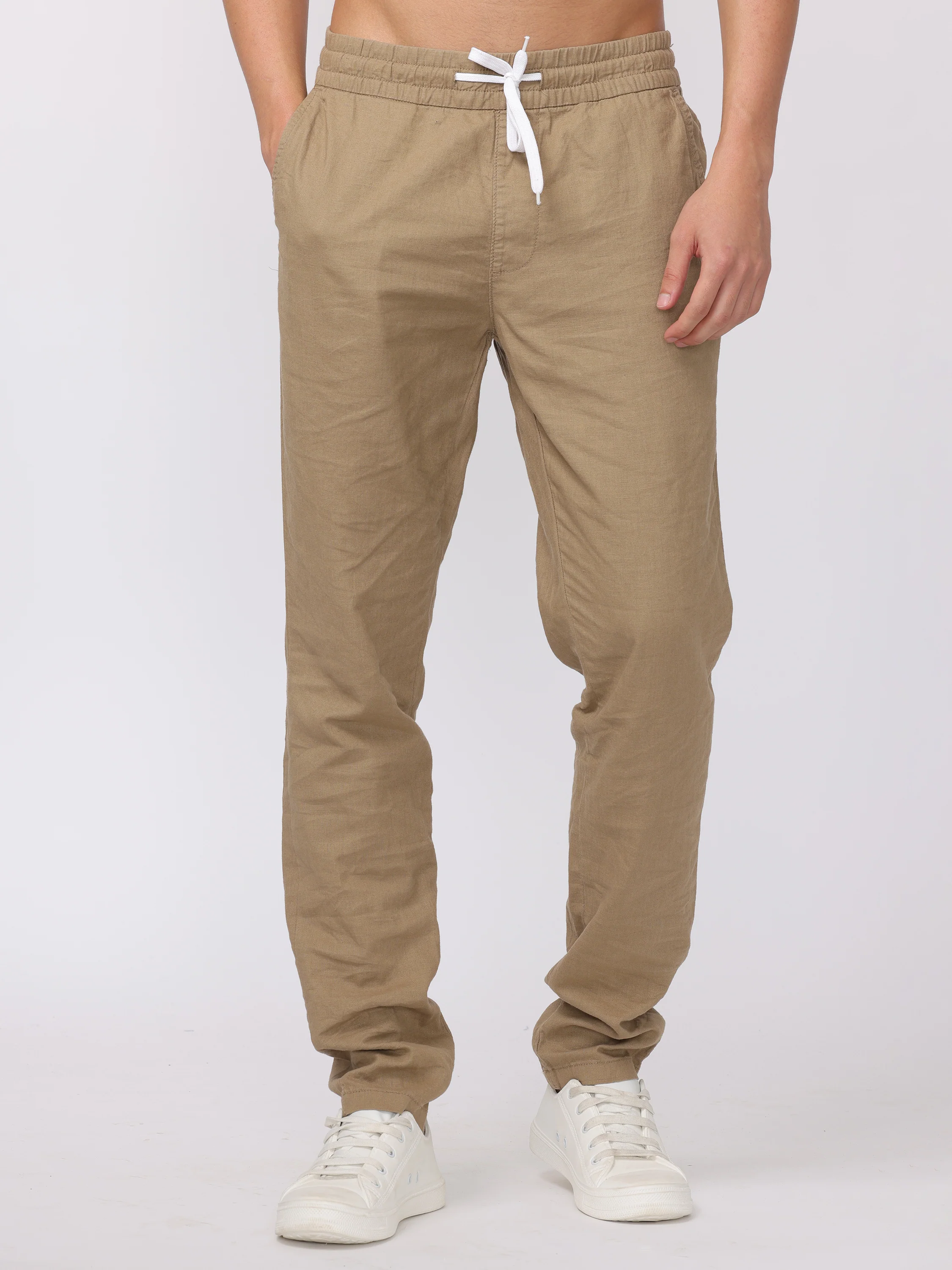 Men Beige Regular Fit Linen Blend Pants - Image 3