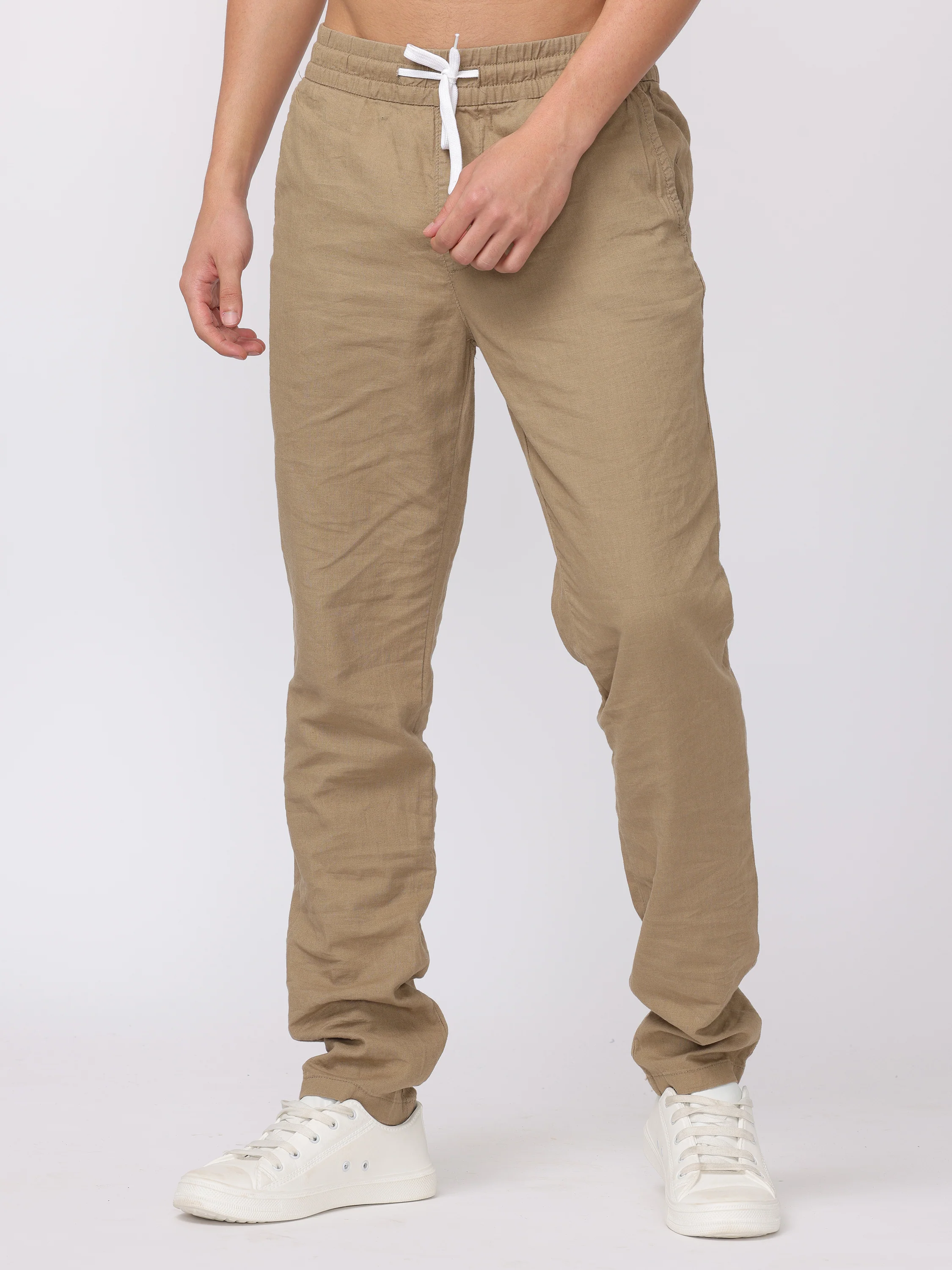 Men Beige Regular Fit Linen Blend Pants - Image 4