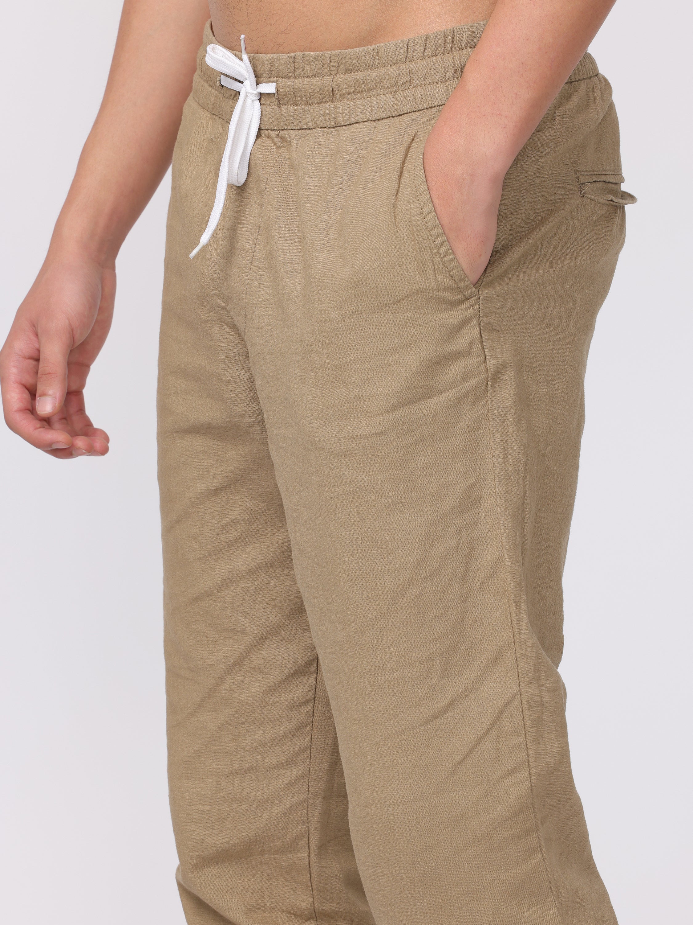 Men Beige Regular Fit Linen Blend Pants - Image 6
