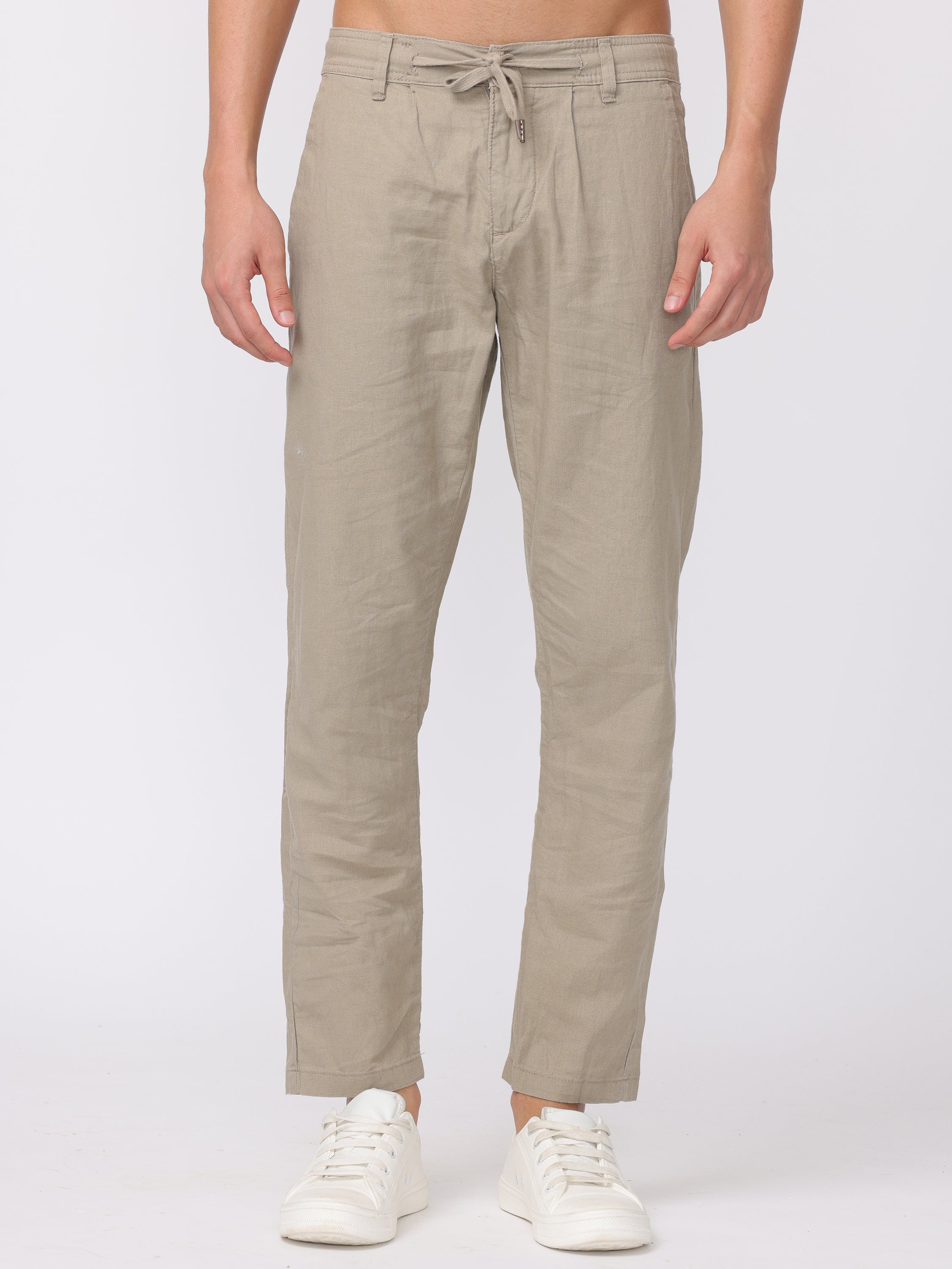 Men Beige Regular Fit Linen Blend Pants - Image 3