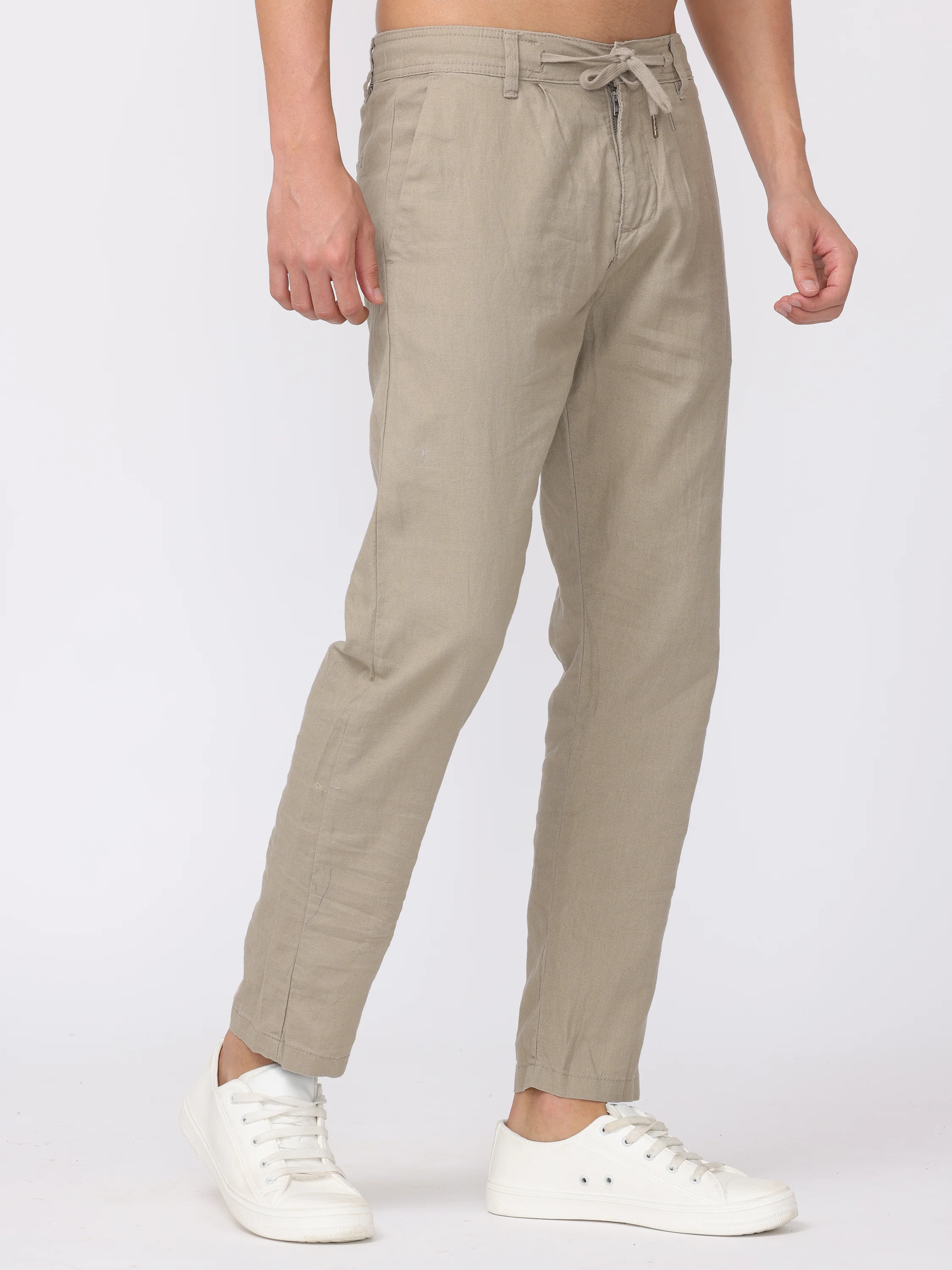 Men Beige Regular Fit Linen Blend Pants - Image 5