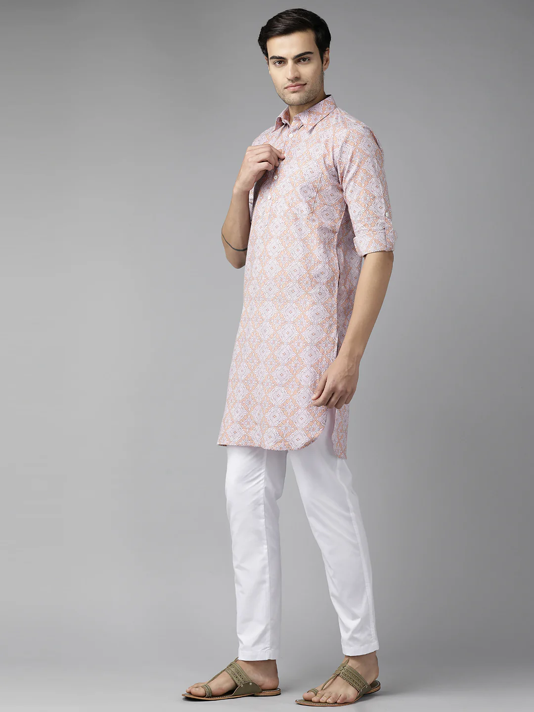 Men Beige Regular Pure Cotton Pathani Printed Men'S Kurta - Image 4