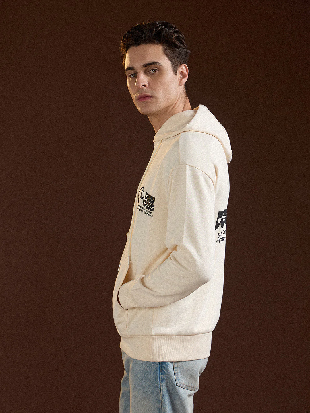 Men Beige Relaxed Fit Hoodie - Image 3