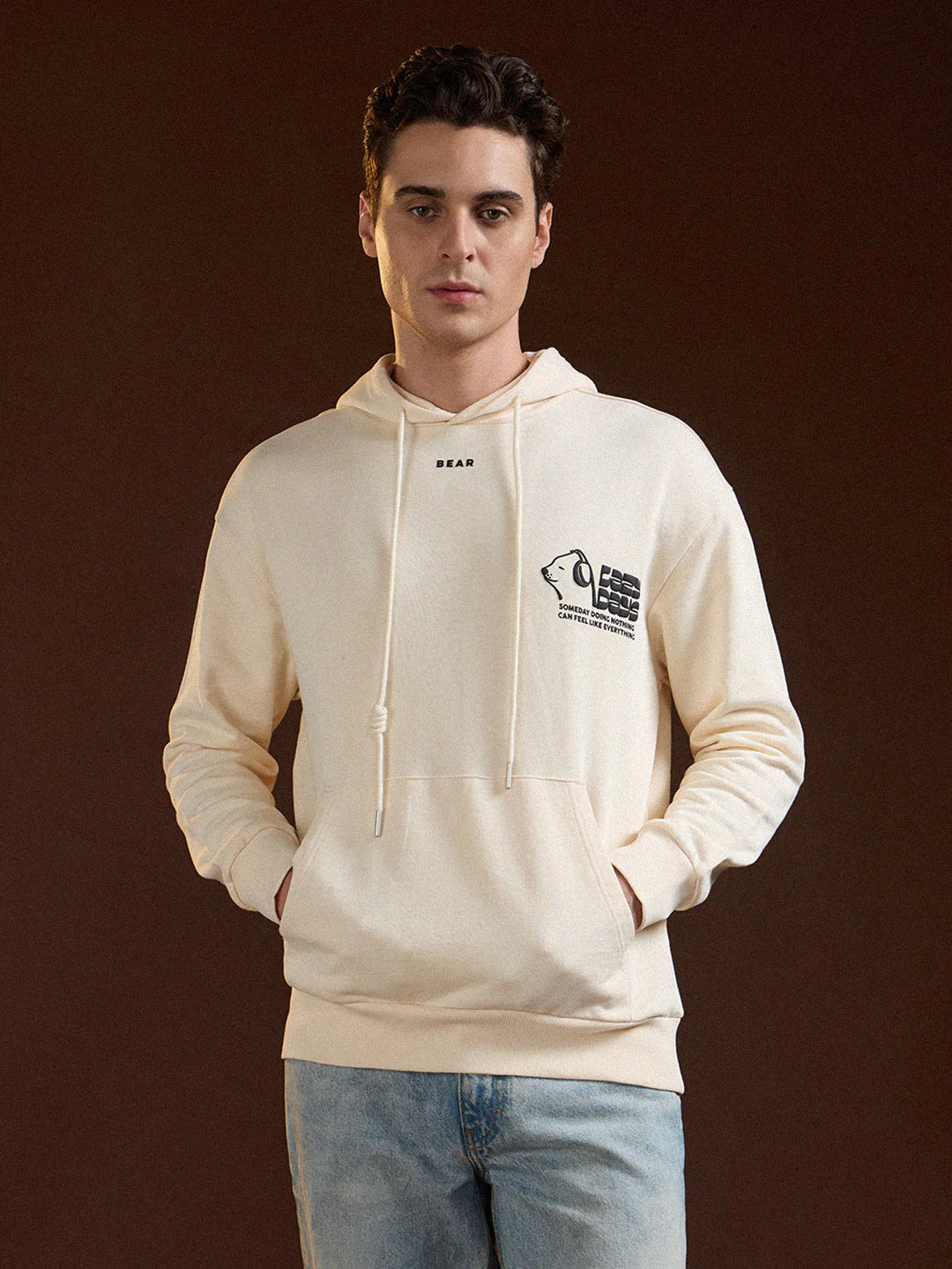 Men Beige Relaxed Fit Hoodie - Image 6