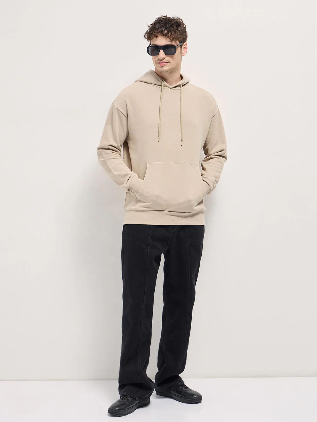 Men Beige Relaxed Fit Hoodie - Image 4
