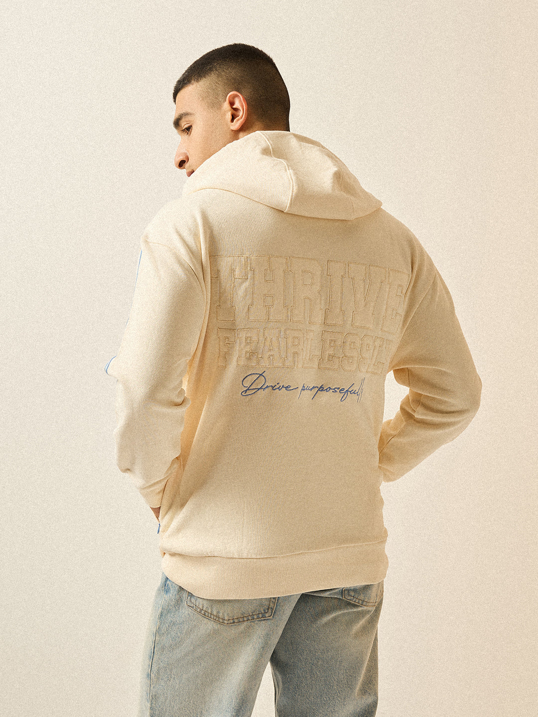 Men Beige Relaxed Fit Hoodie - Image 2
