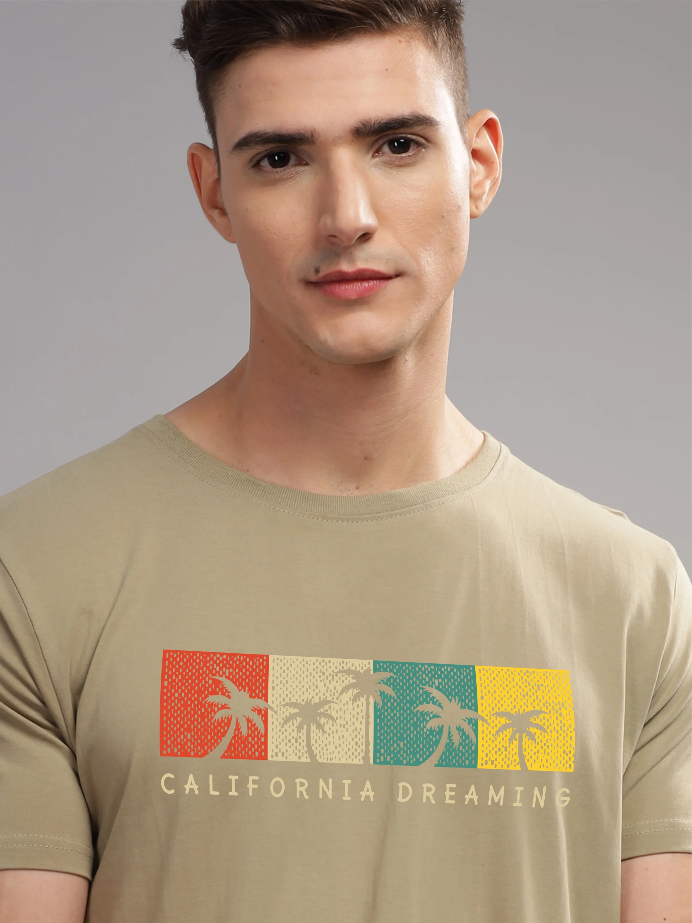 Men Beige Round Neck T Shirt - Image 2