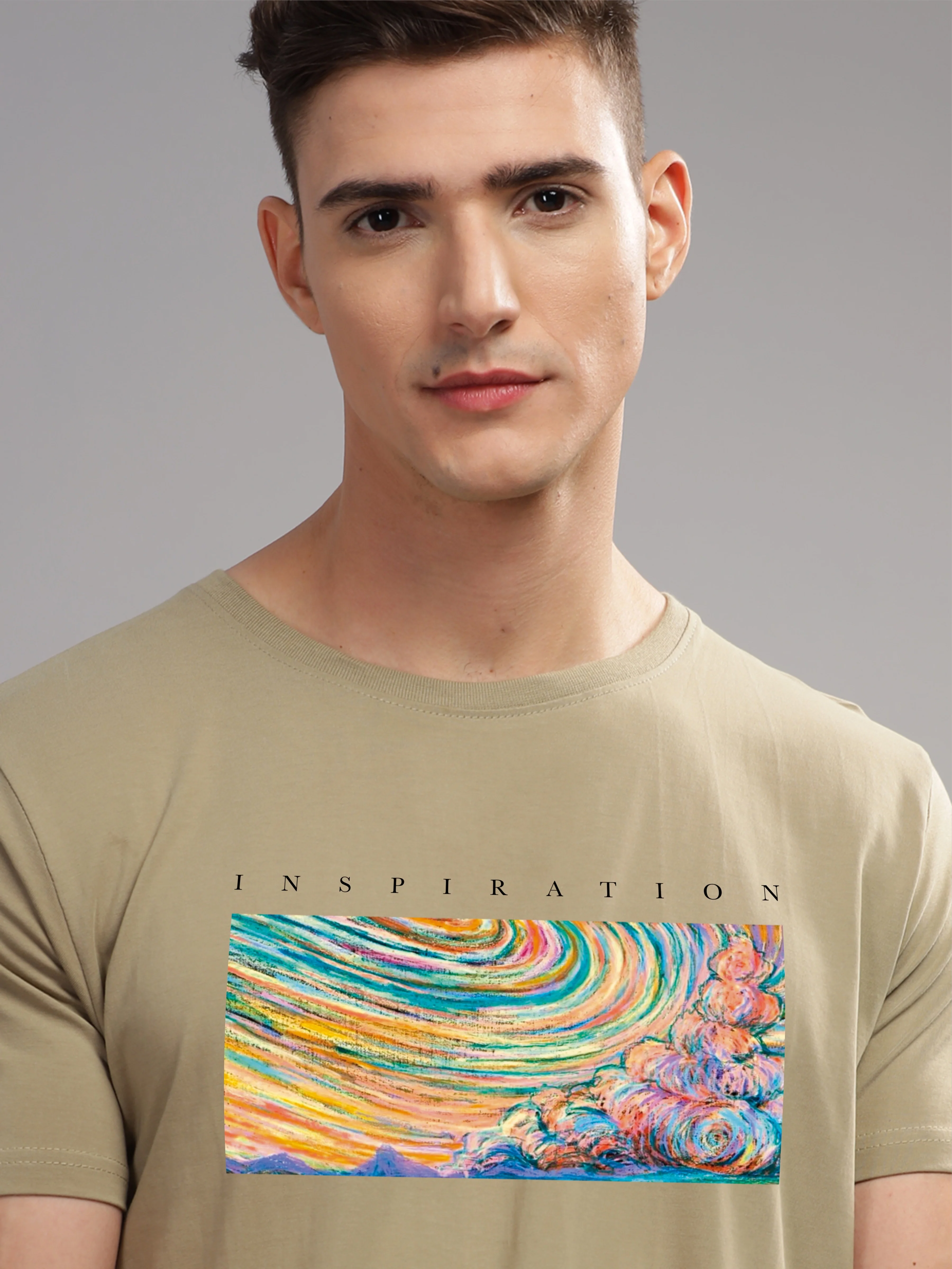 Men Beige Round Neck T Shirt - Image 2