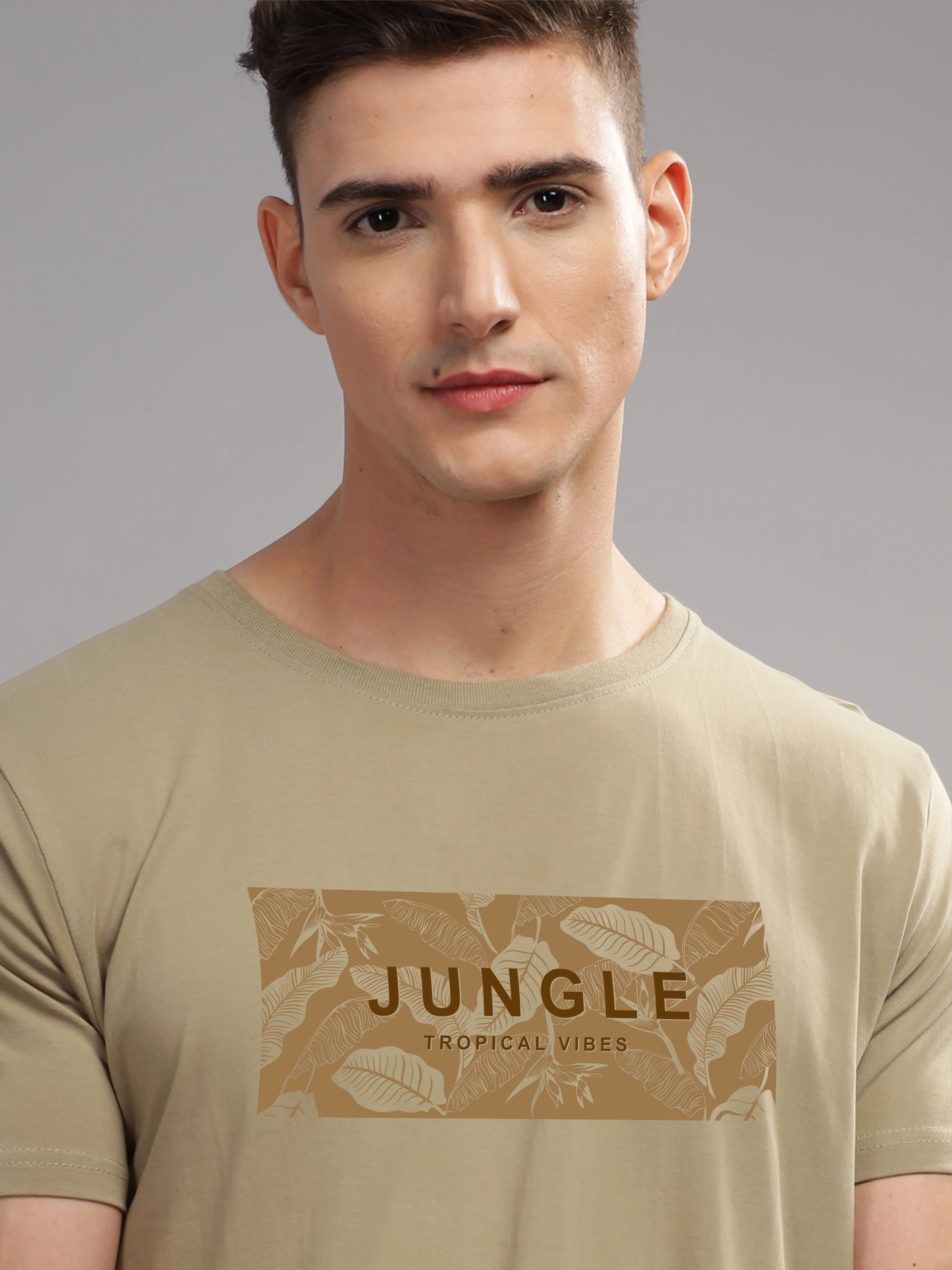 Men Beige Round Neck T Shirt - Image 2