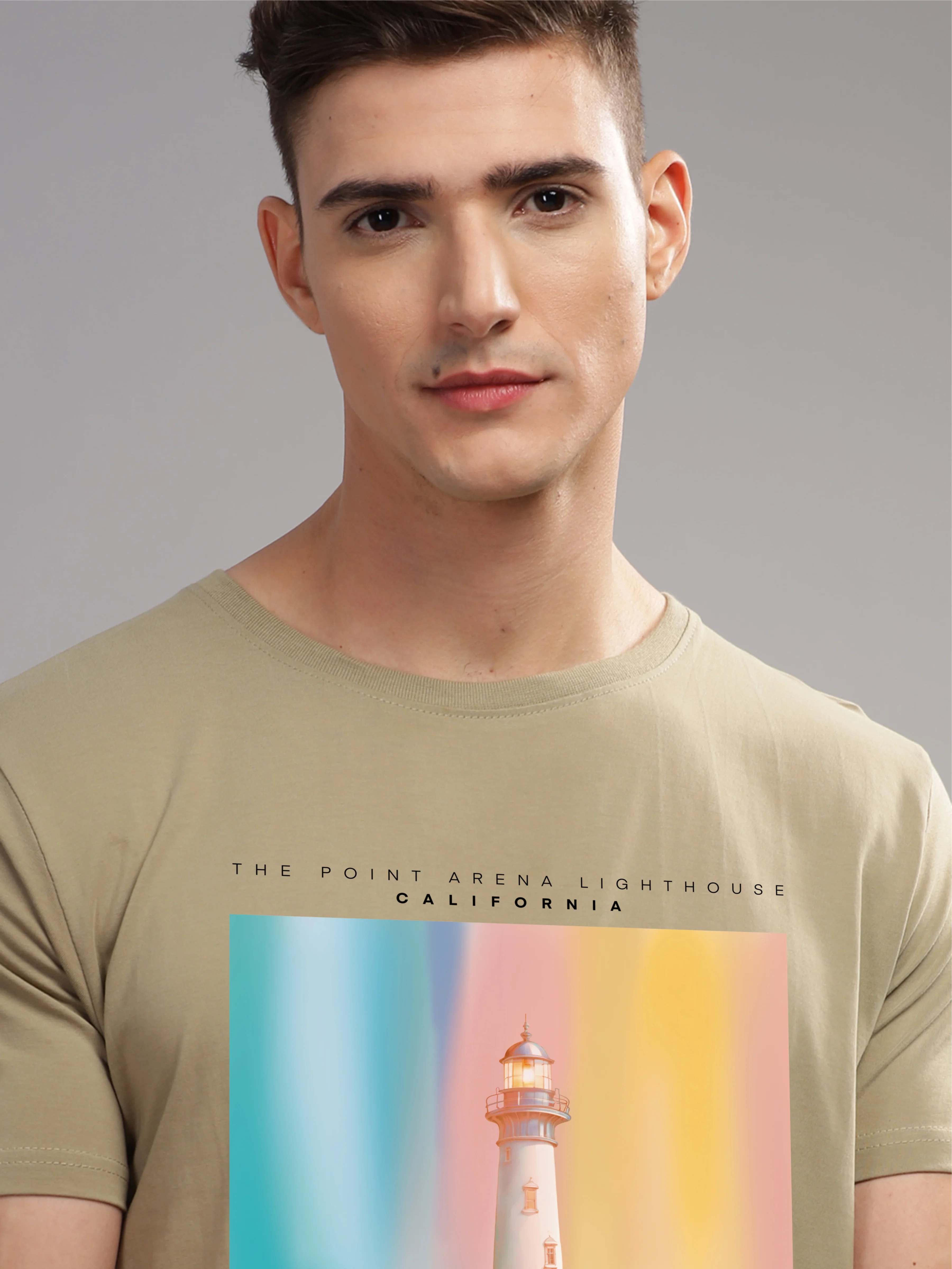 Men Beige Round Neck T Shirt - Image 2