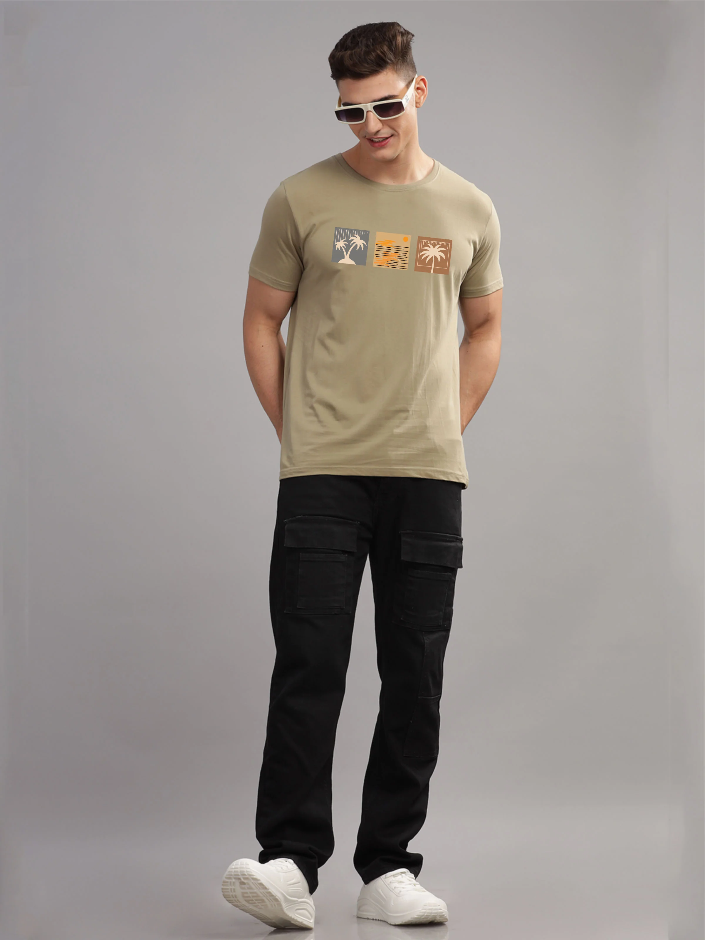 Men Beige Round Neck T Shirt