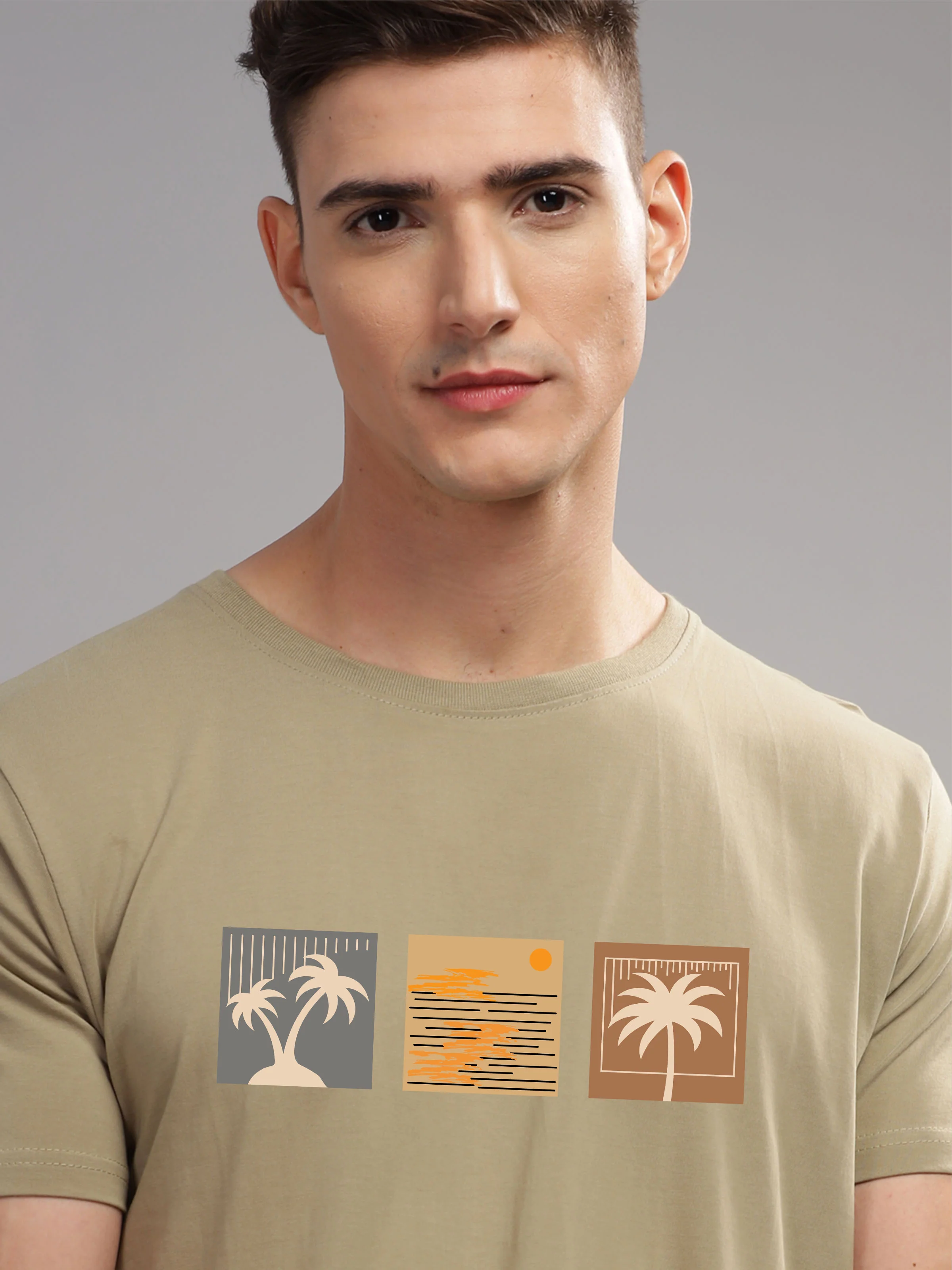 Men Beige Round Neck T Shirt - Image 2
