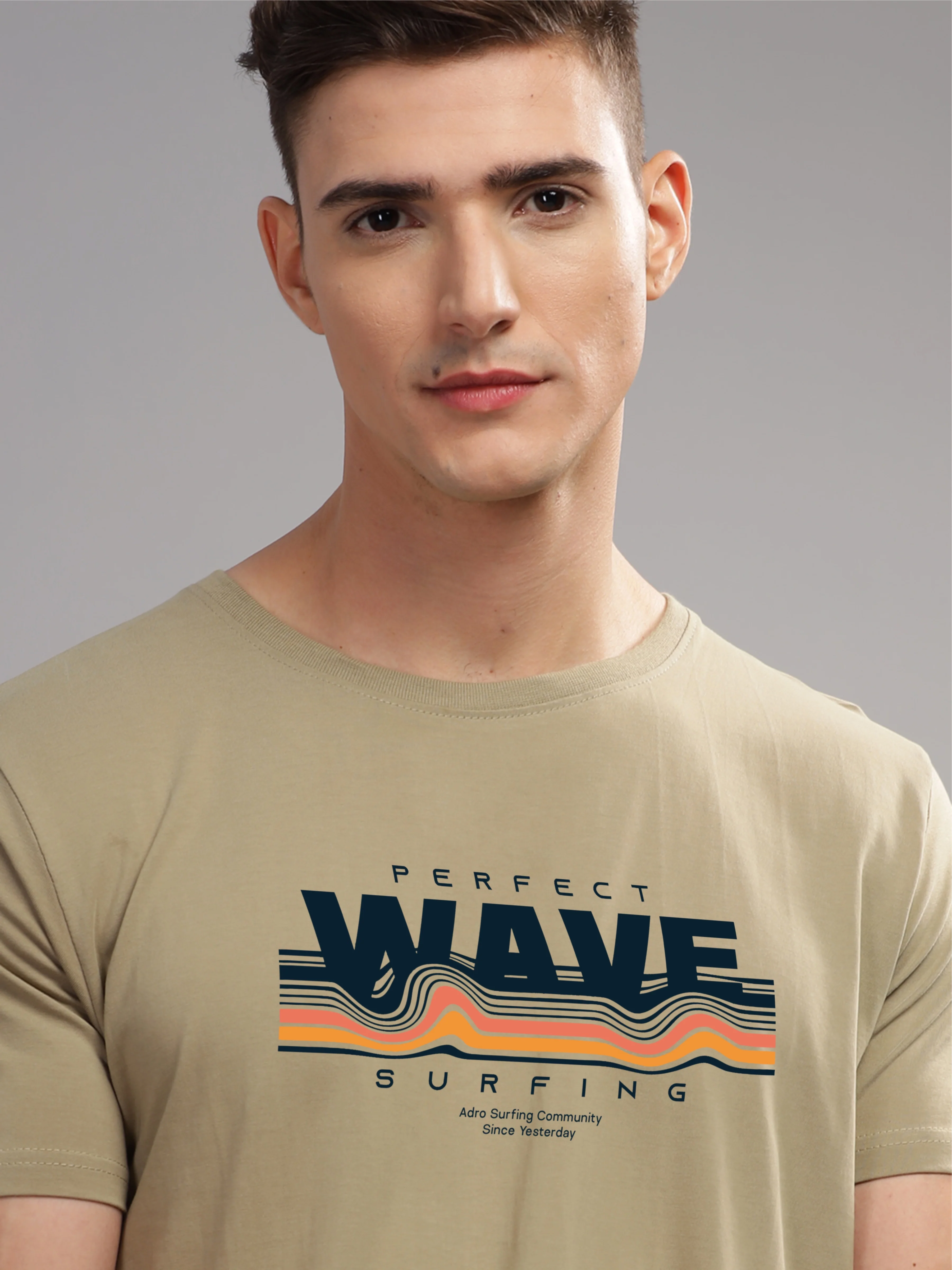 Men Beige Round Neck T Shirt - Image 2