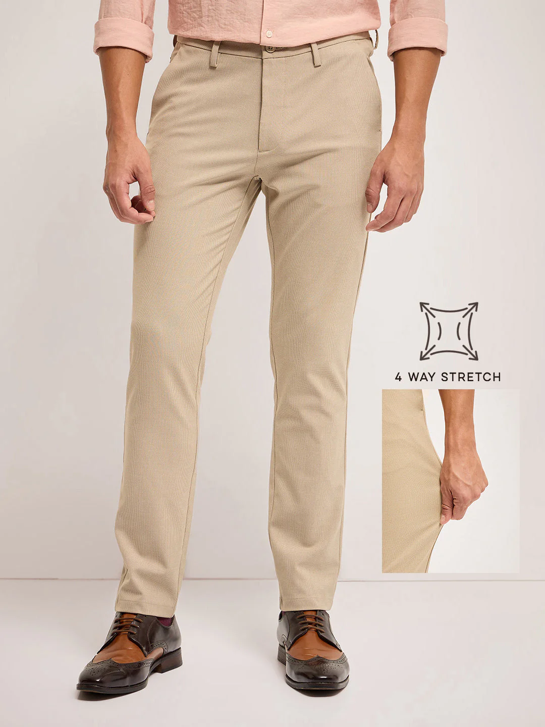 Men Beige Self Design 4 Way Stretch Formal Trouser