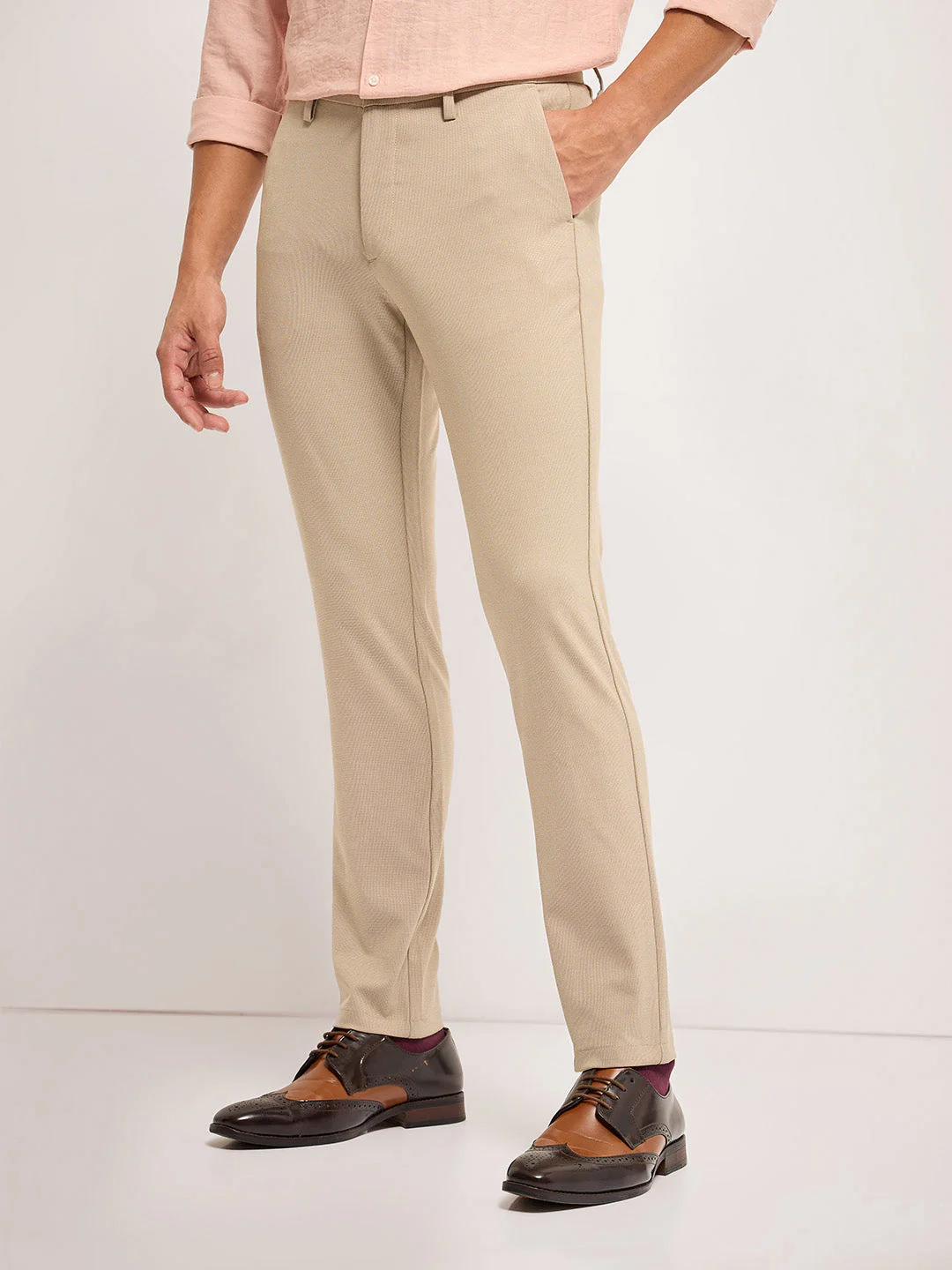 Men Beige Self Design 4 Way Stretch Formal Trouser - Image 2