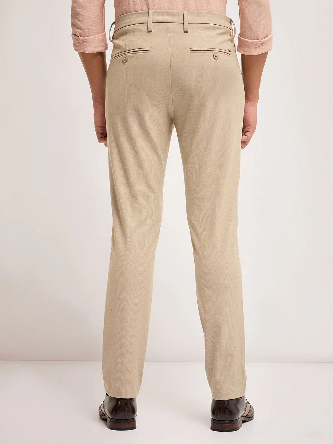 Men Beige Self Design 4 Way Stretch Formal Trouser - Image 3