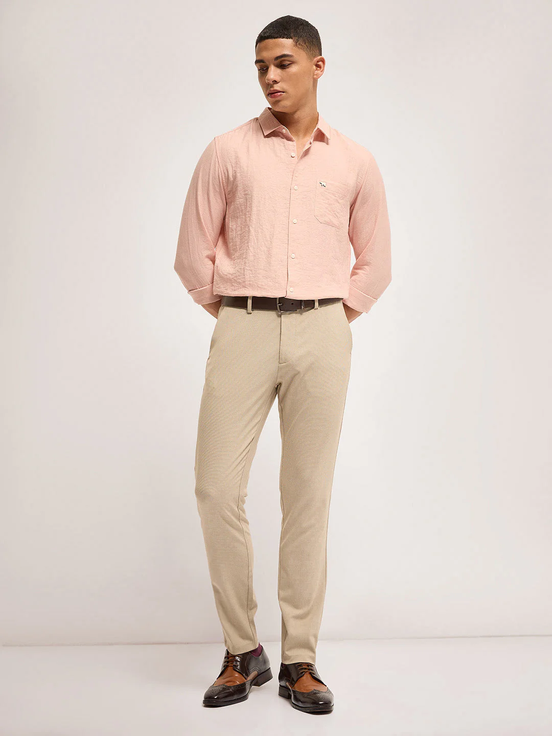 Men Beige Self Design 4 Way Stretch Formal Trouser - Image 5