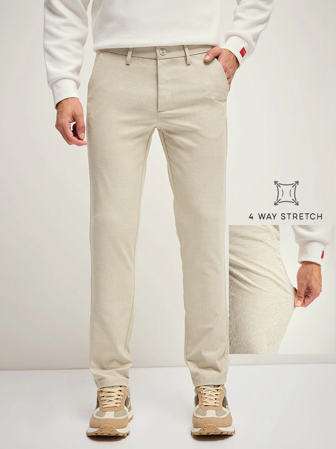 Men Beige Self Design 4 Way Stretch Formal Trouser - Image 2