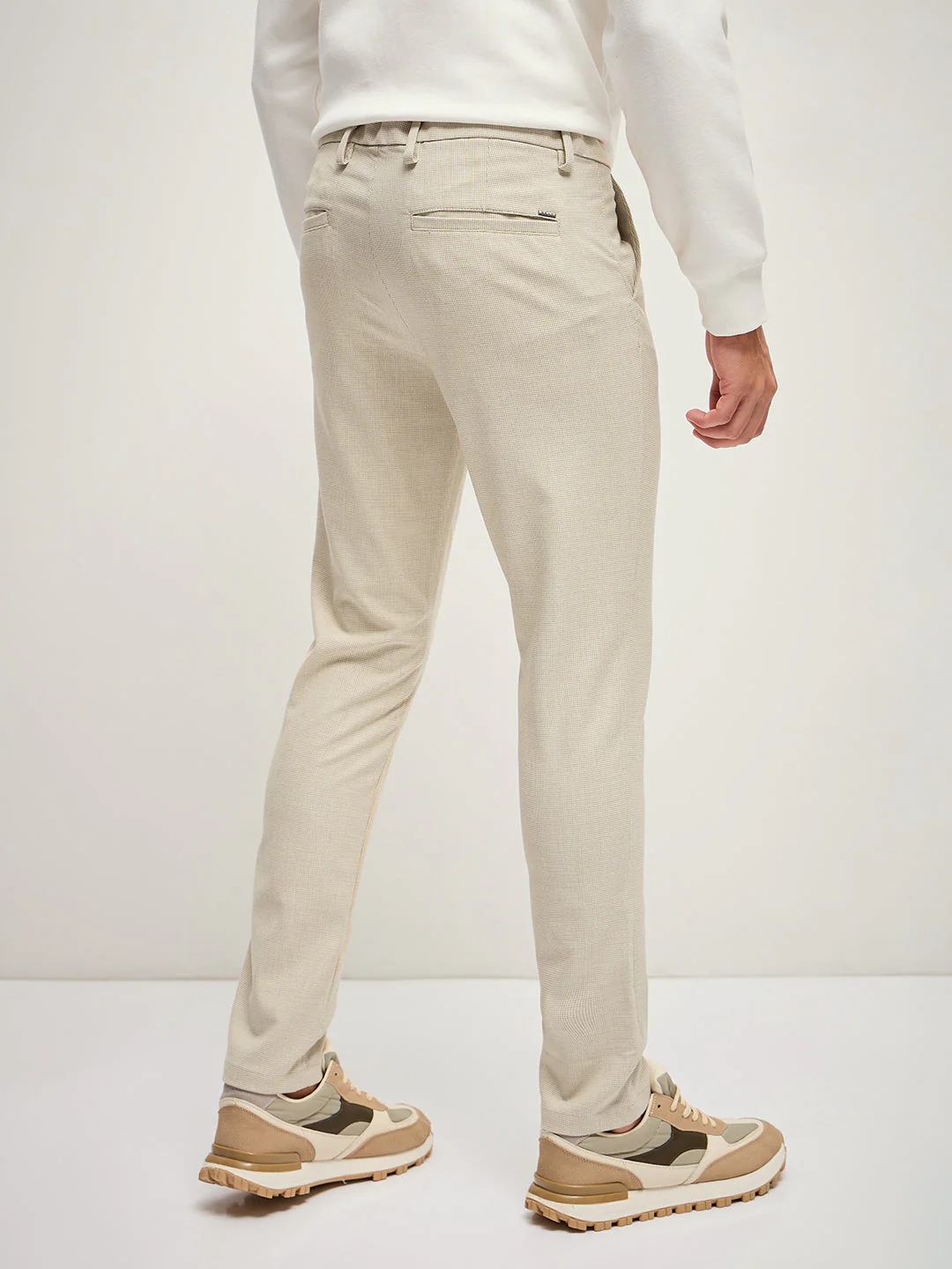 Men Beige Self Design 4 Way Stretch Formal Trouser - Image 3