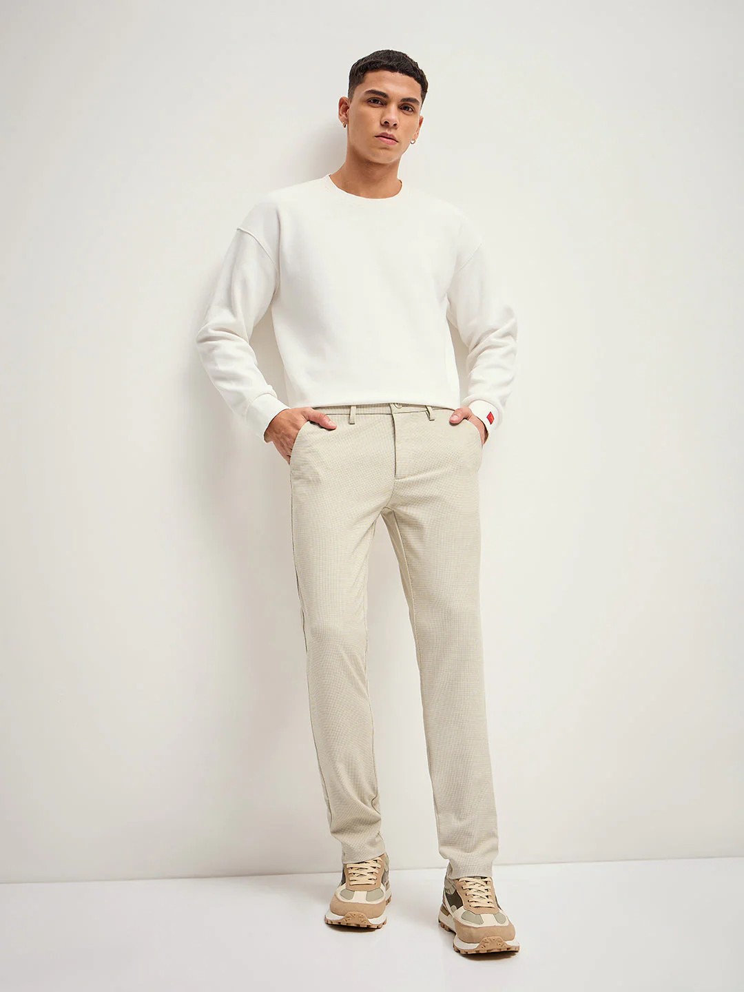 Men Beige Self Design 4 Way Stretch Formal Trouser - Image 4
