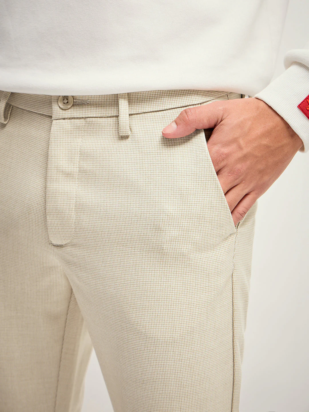 Men Beige Self Design 4 Way Stretch Formal Trouser - Image 6