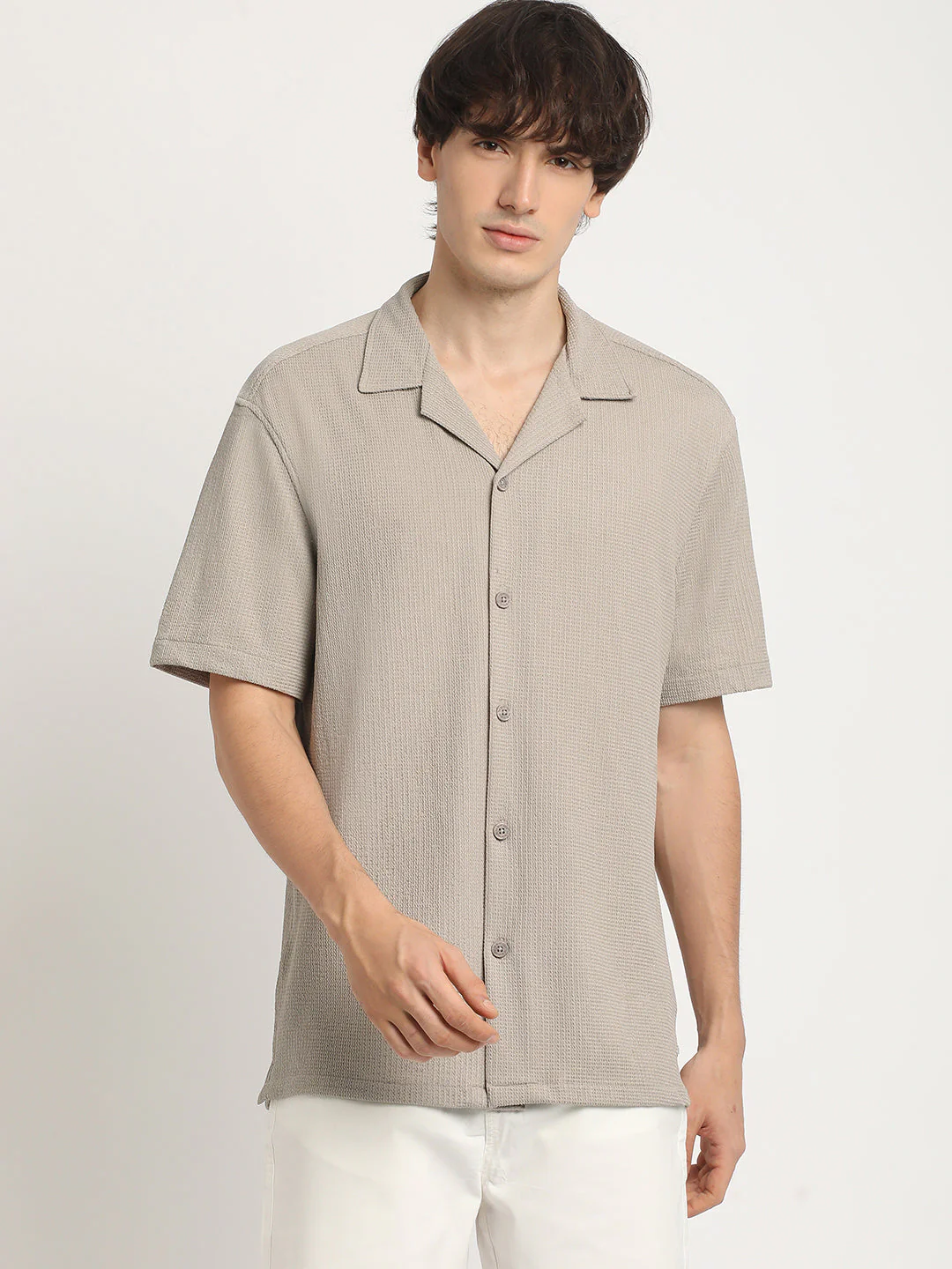 Men  Beige Self Design Regular Fit Casual Shirt - Image 2