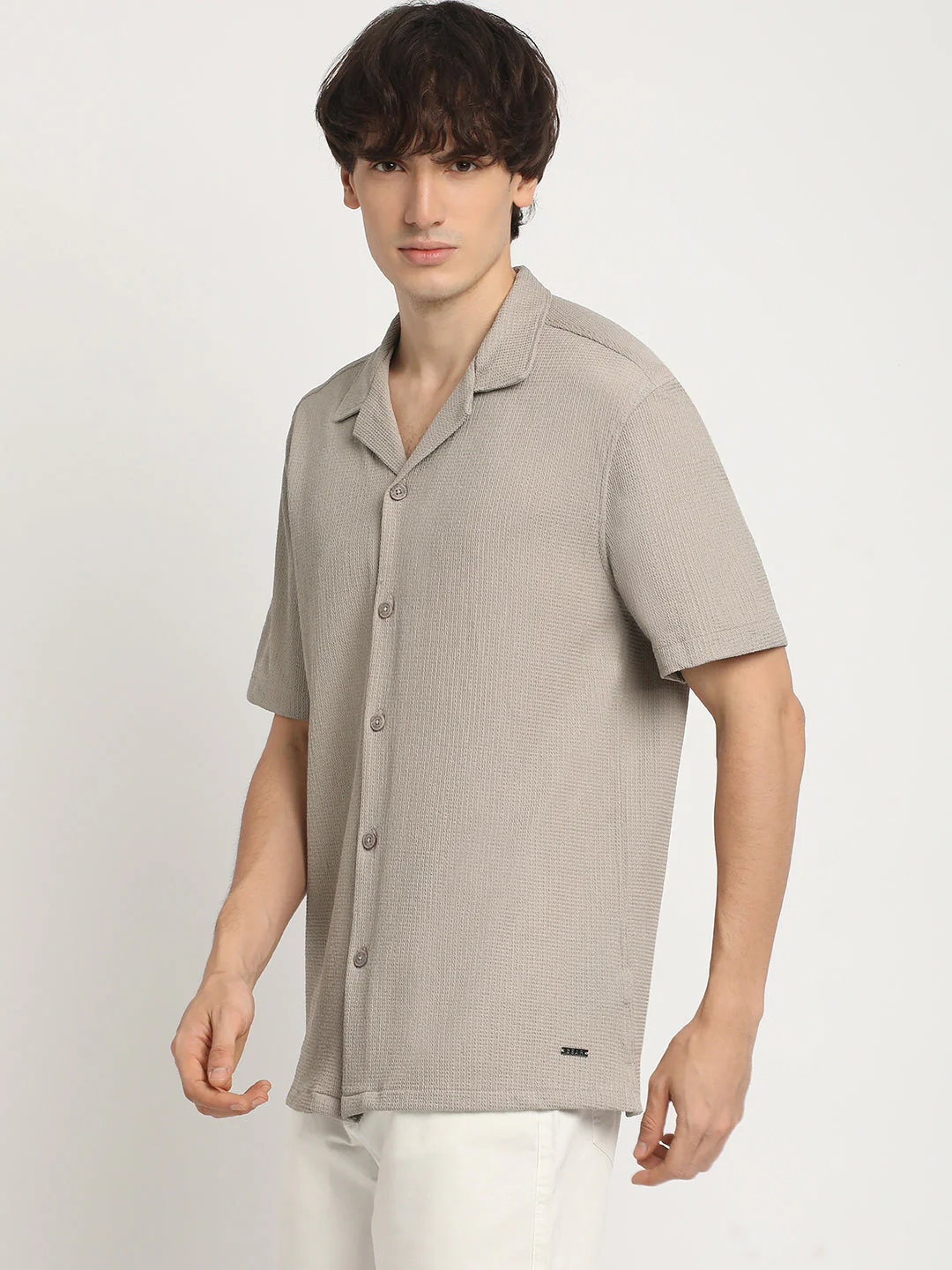 Men  Beige Self Design Regular Fit Casual Shirt - Image 3