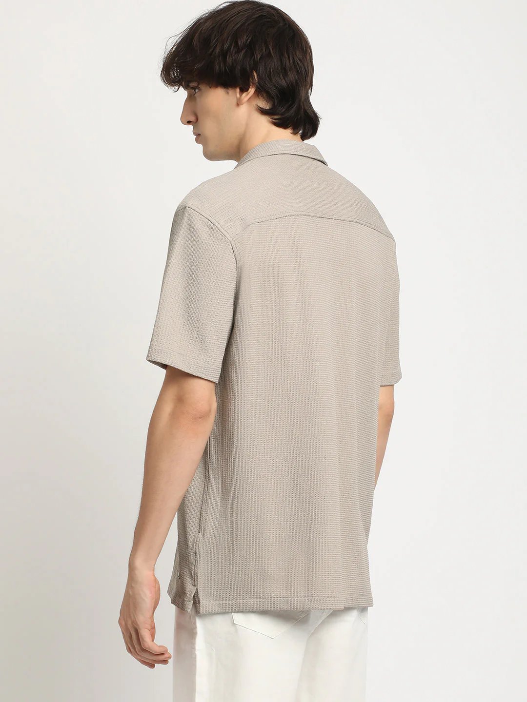 Men  Beige Self Design Regular Fit Casual Shirt - Image 4