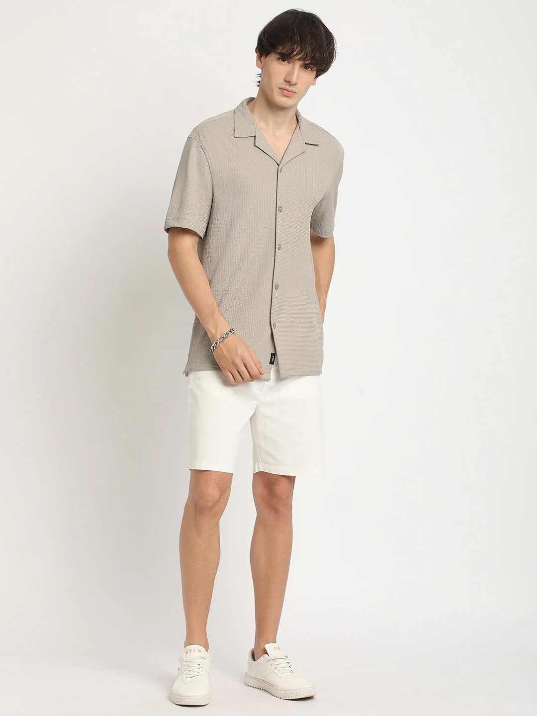 Men  Beige Self Design Regular Fit Casual Shirt - Image 5