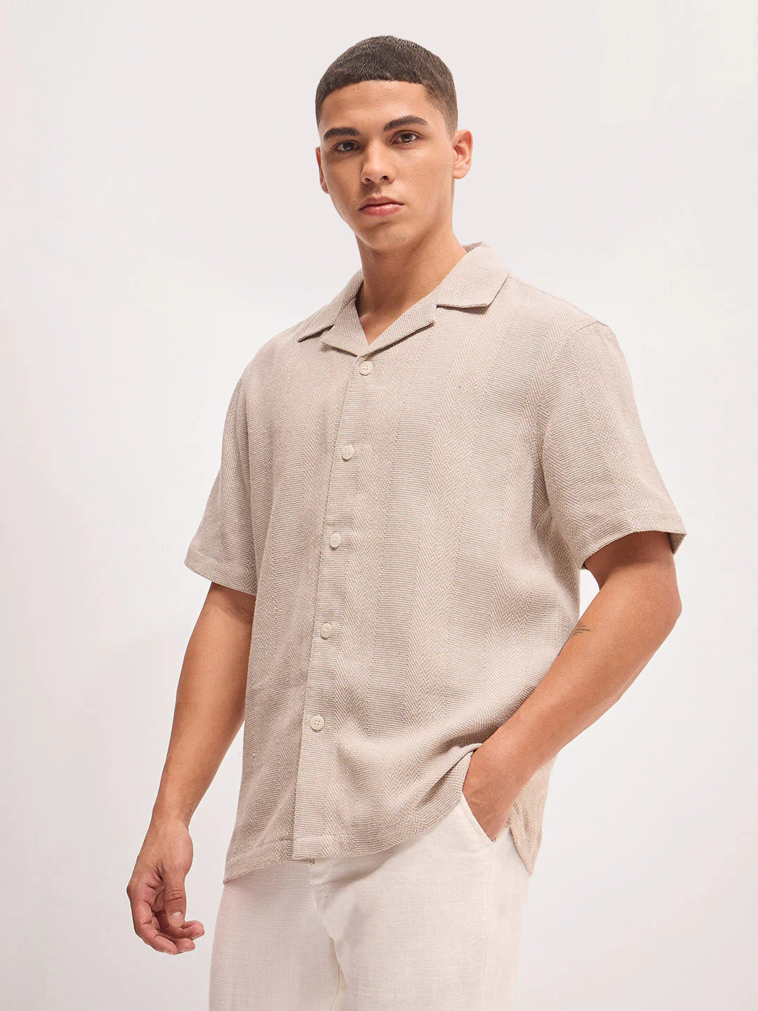 Men Beige Self Design Regular Fit Casual Shirt - Image 3