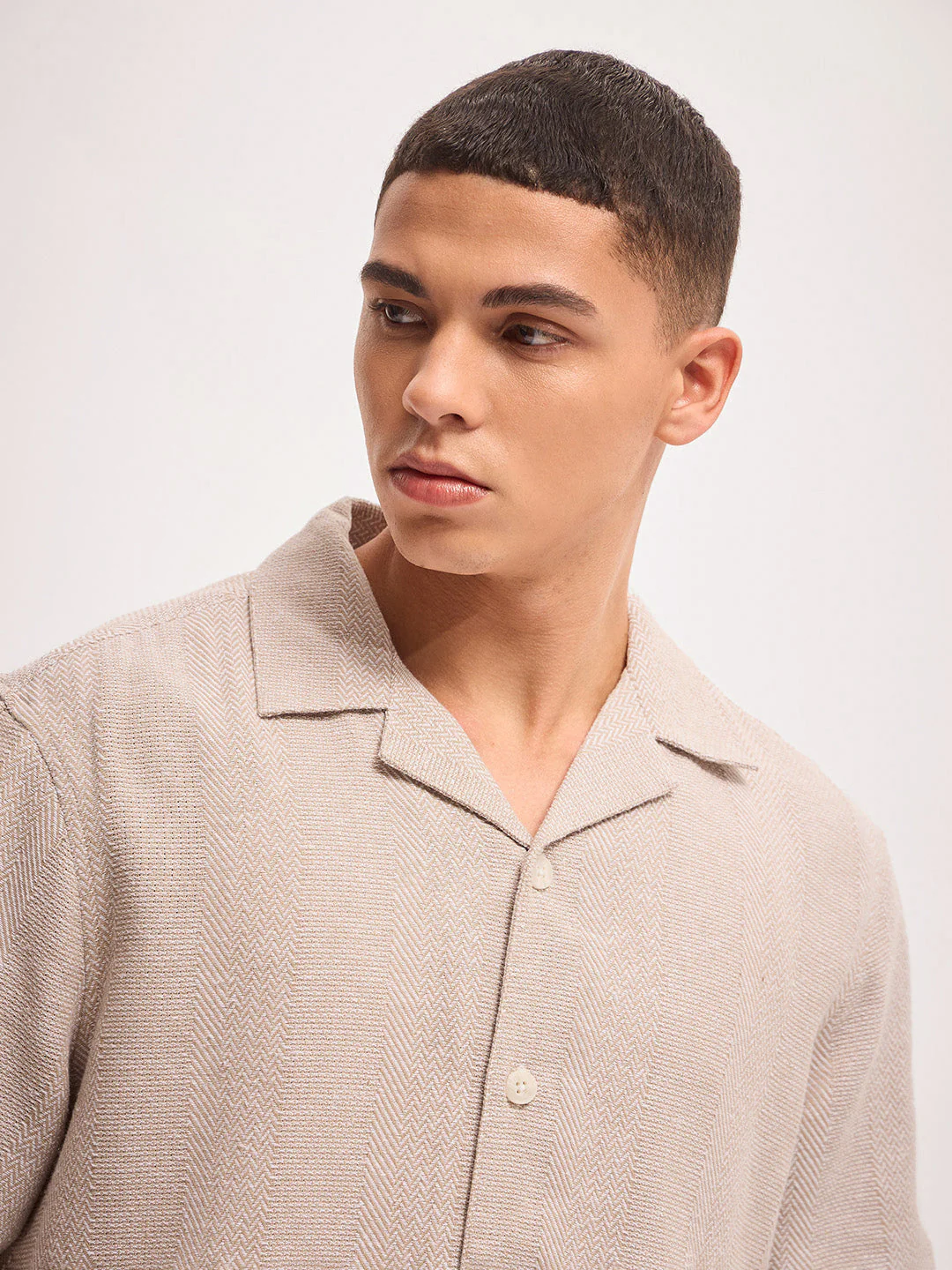 Men Beige Self Design Regular Fit Casual Shirt - Image 4