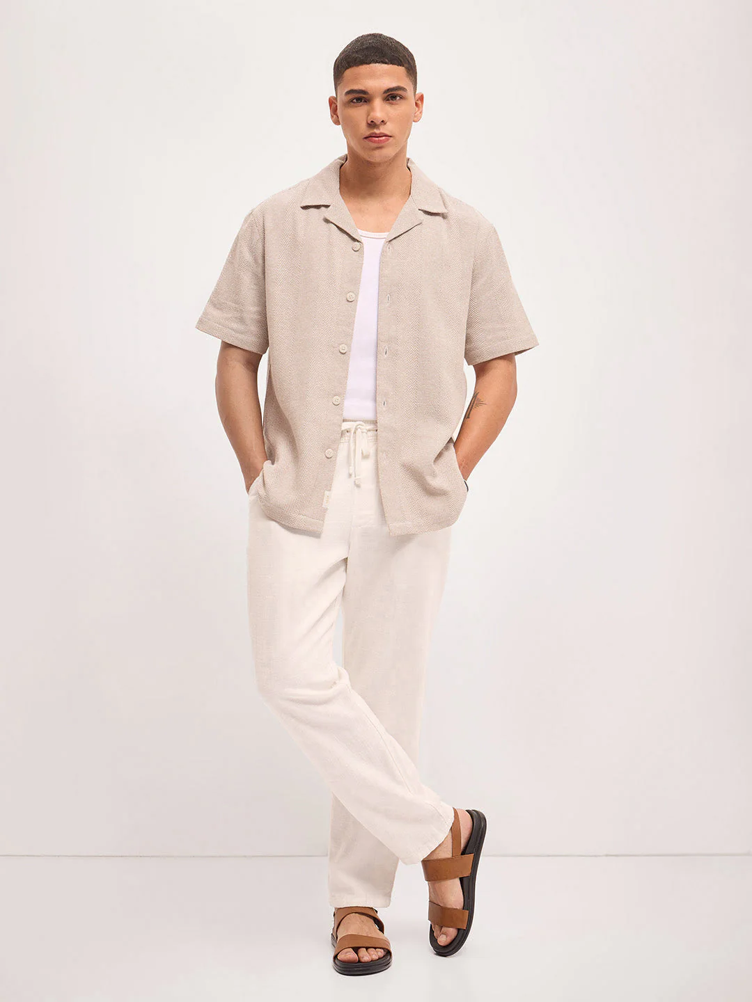 Men Beige Self Design Regular Fit Casual Shirt - Image 5