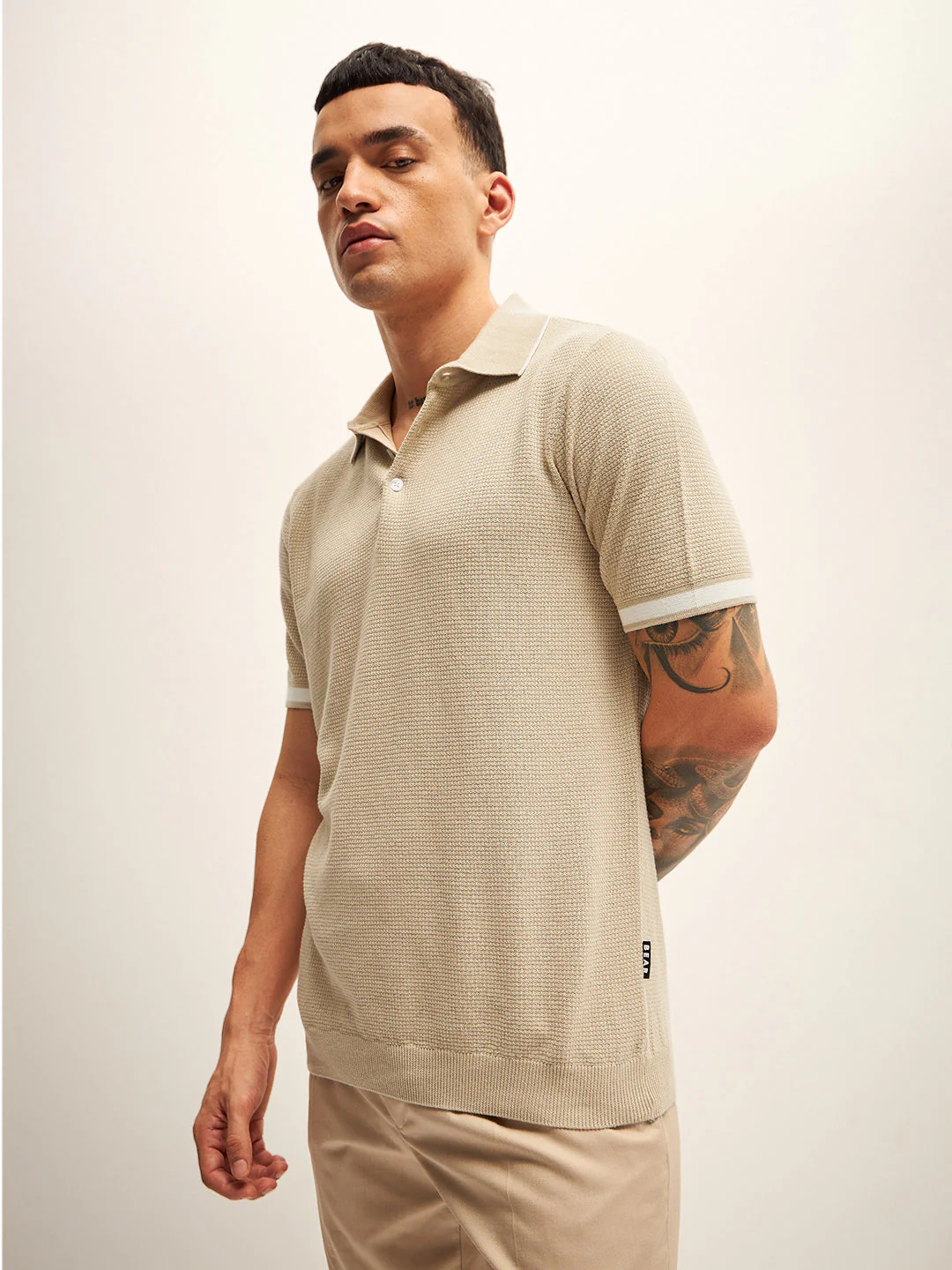 Men Beige Self Design Regular Fit Polo T-Shirt - Image 2