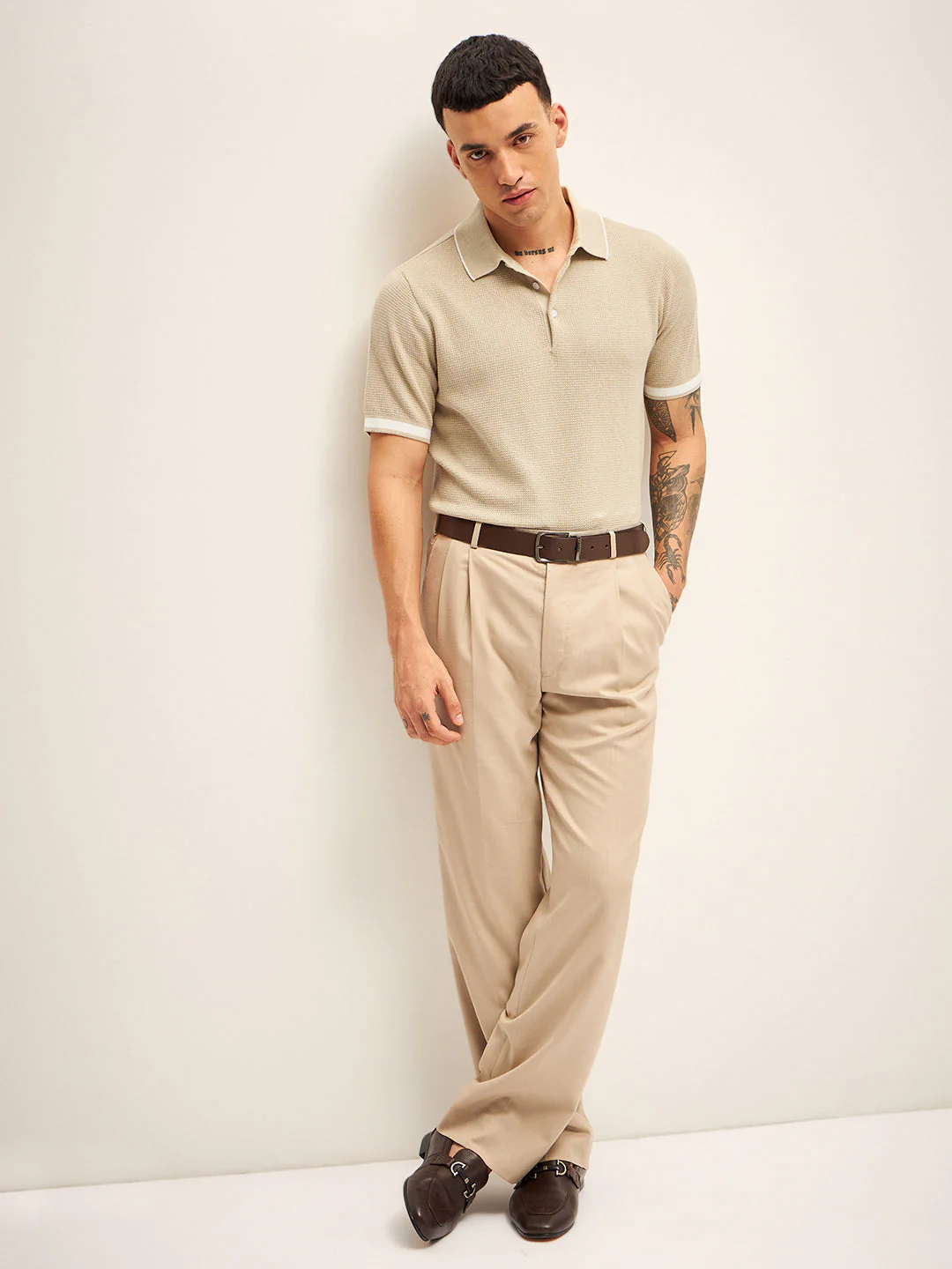Men Beige Self Design Regular Fit Polo T-Shirt - Image 3