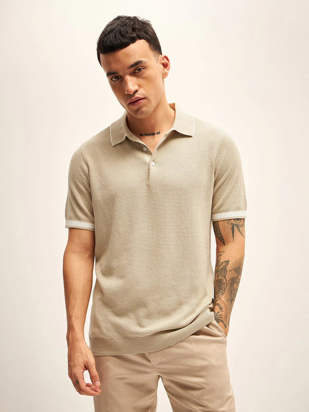 Men Beige Self Design Regular Fit Polo T-Shirt - Image 5