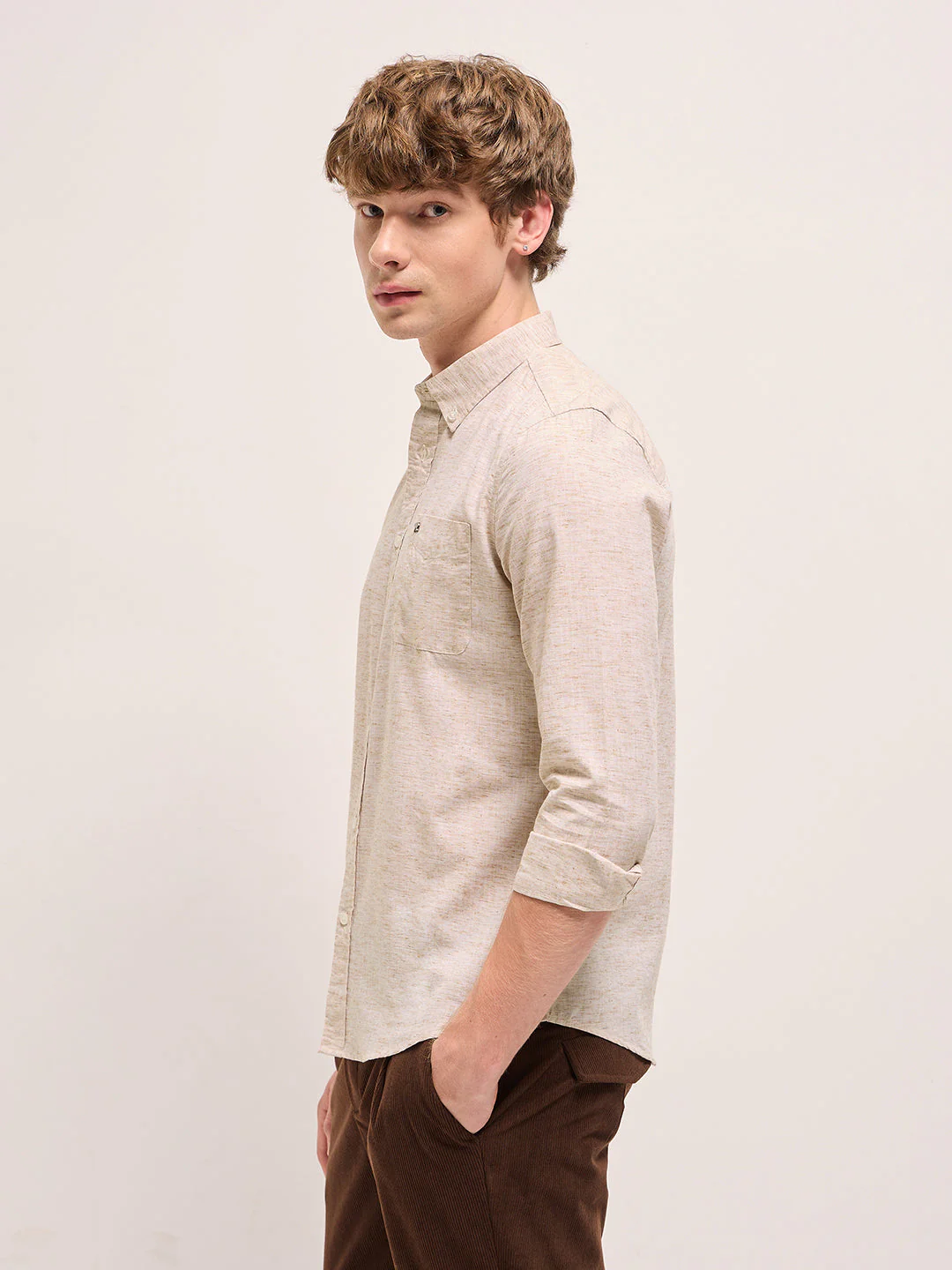 Men Beige Self Design Slim Fit Casual Shirt - Image 3