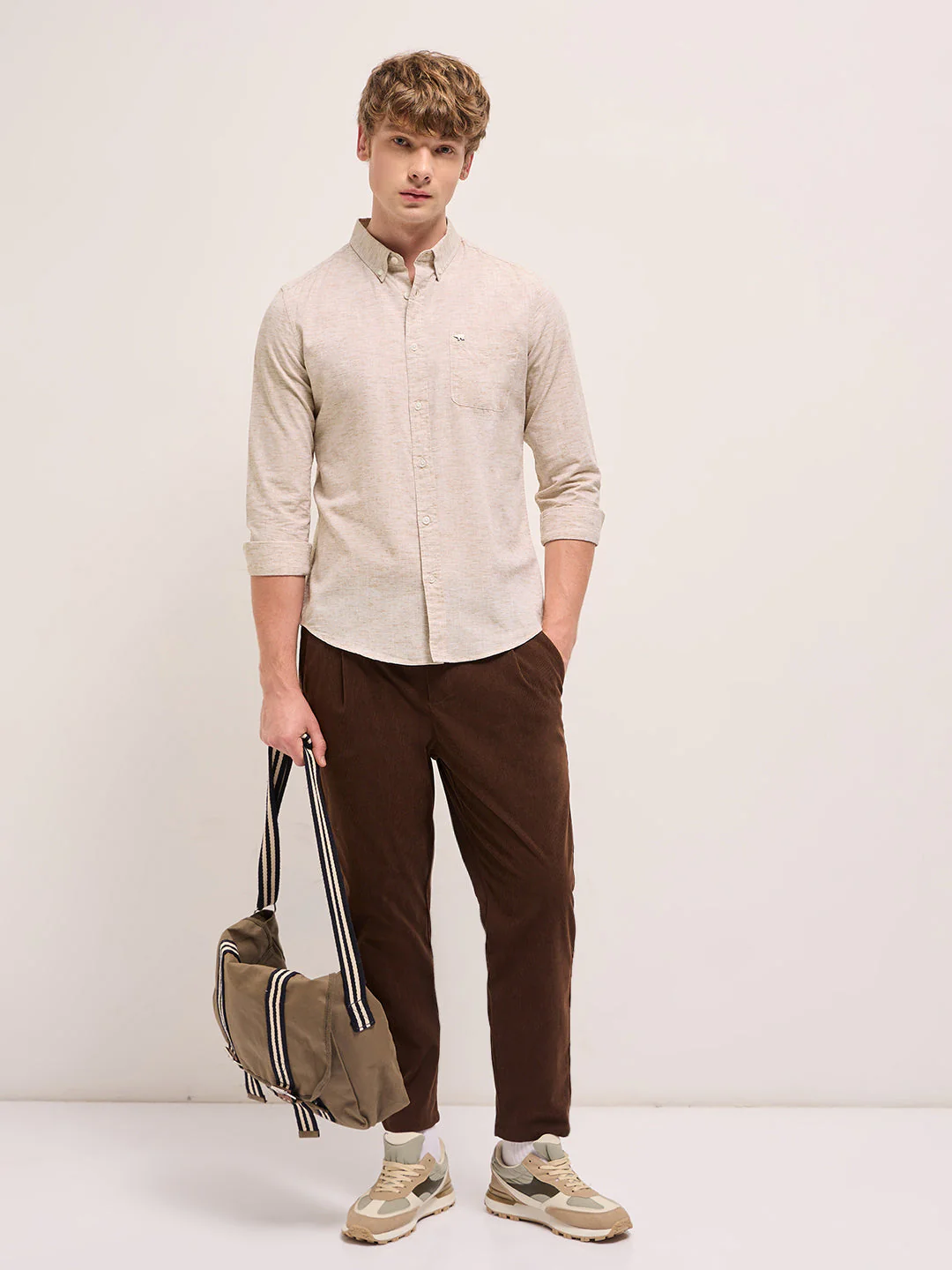 Men Beige Self Design Slim Fit Casual Shirt - Image 4