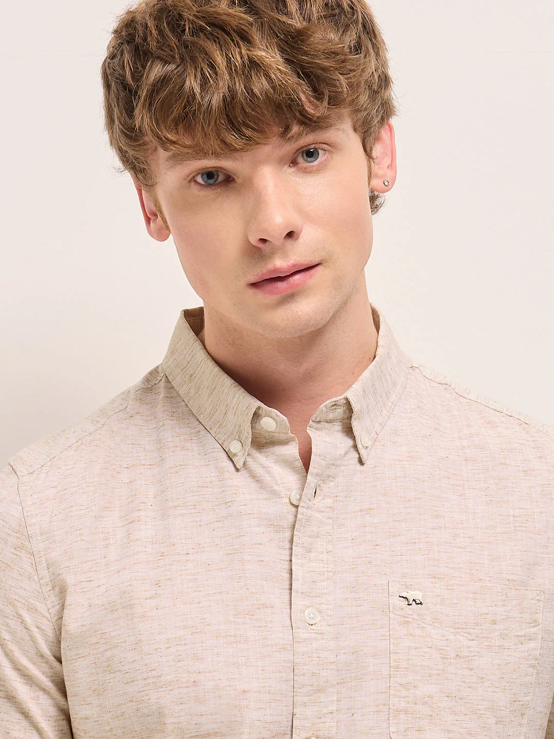 Men Beige Self Design Slim Fit Casual Shirt - Image 5