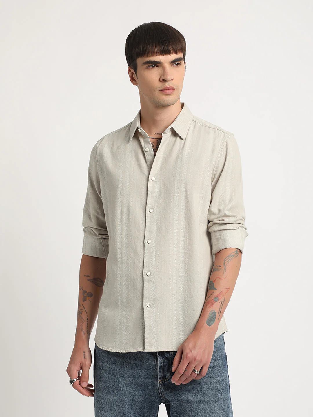 Men Beige Self Design Slim Fit Cotton Casual Shirt - Image 2