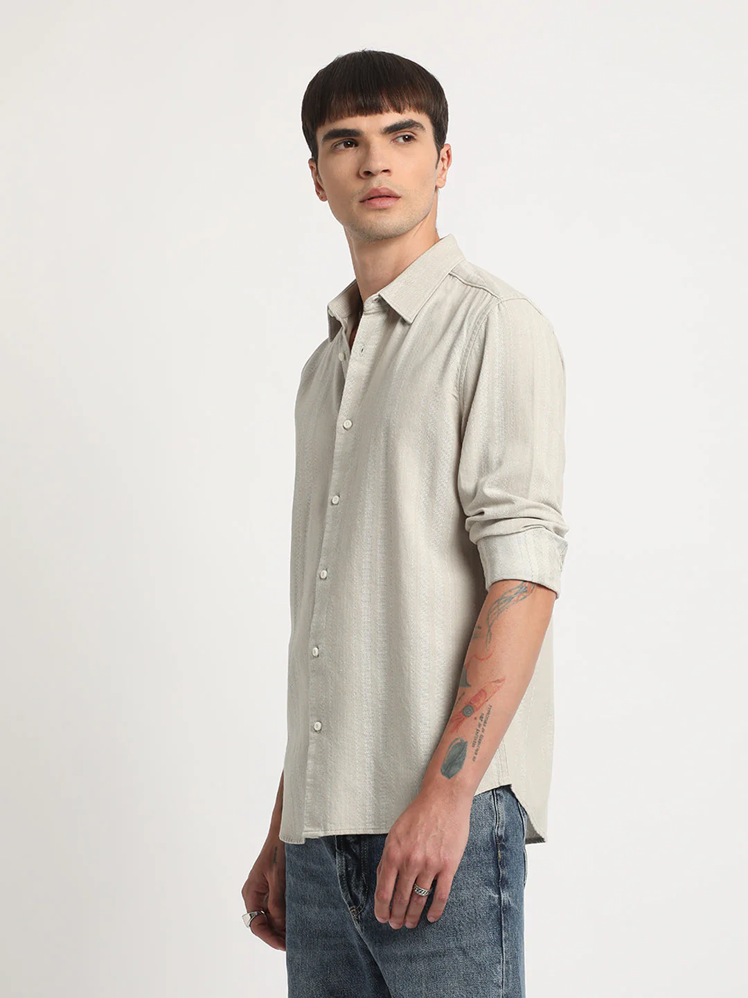 Men Beige Self Design Slim Fit Cotton Casual Shirt - Image 3