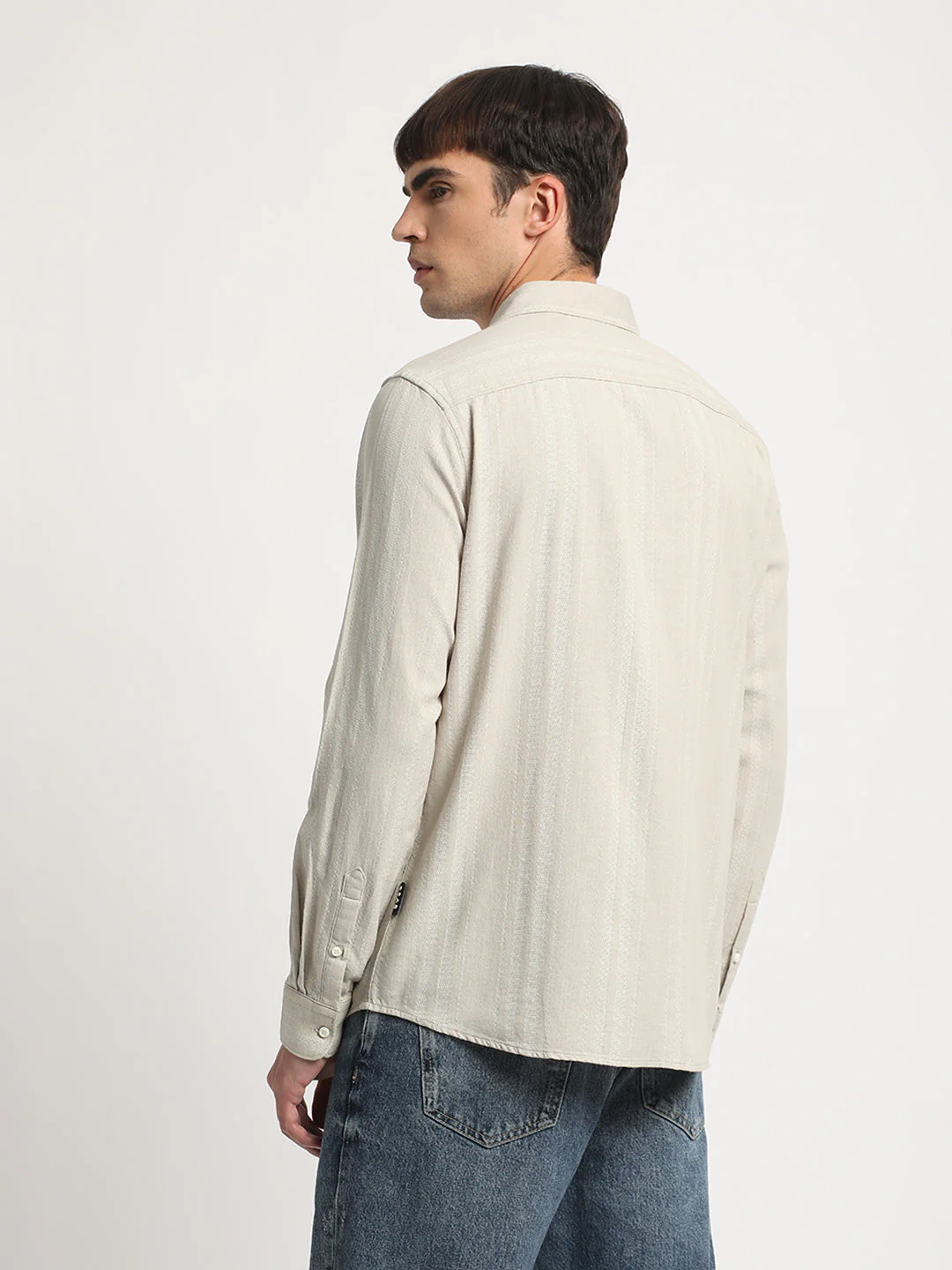 Men Beige Self Design Slim Fit Cotton Casual Shirt - Image 4