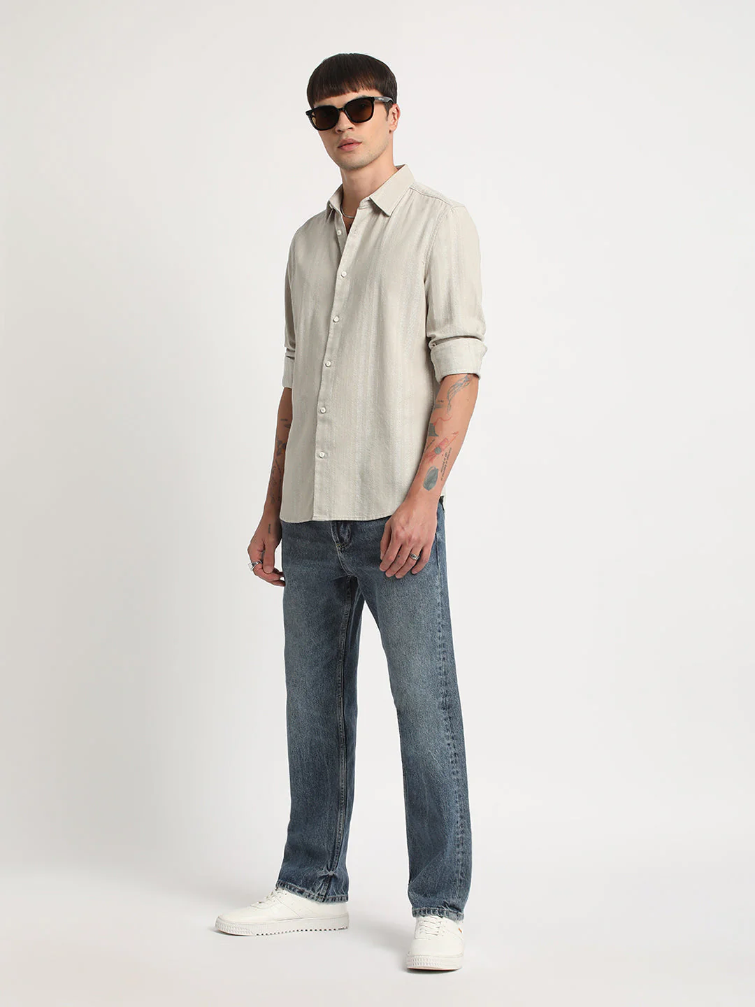 Men Beige Self Design Slim Fit Cotton Casual Shirt - Image 5