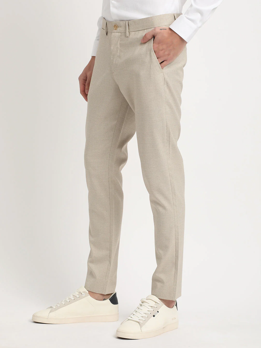 Men Beige Self Design Slim Fit Formal Trouser - Image 3