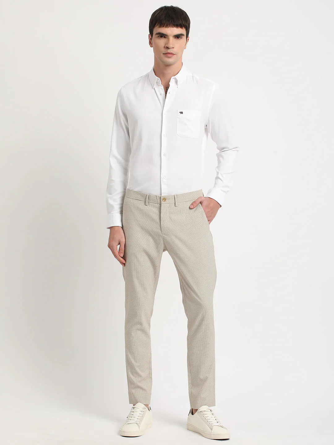 Men Beige Self Design Slim Fit Formal Trouser - Image 5